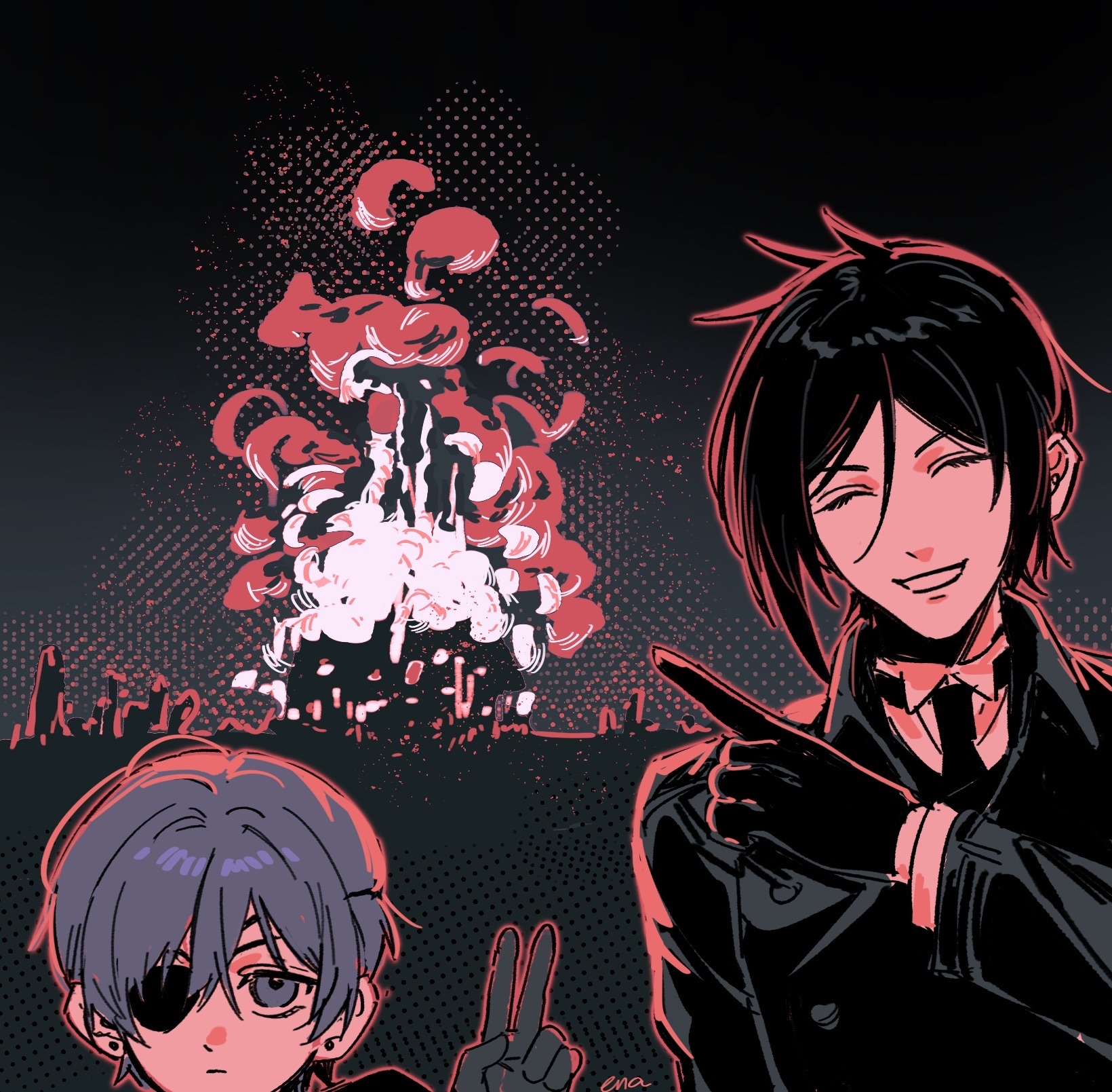 ena33333333, ciel phantomhive, sebastian michaelis, kuroshitsuji, commentary, english commentary, highres, 2boys, black hair, blue eyes, blue hair, closed eyes, earrings, explosion, expressionless, eyepatch, fire, formal clothes, gloves, grin, jacket, jewelry, long sleeves, looking at viewer, male focus, multiple boys, necktie, pointing, short hair, smile, v