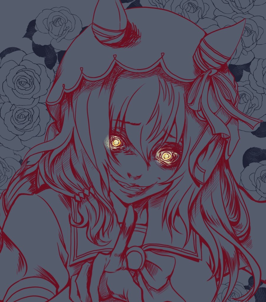 still in love (umamusume), umamusume, 1girl, animal ears, bags under eyes, bow, bowtie, ear ribbon, evil grin, evil smile, flower, fur-trimmed vest, fur trim, furrowed brow, grin, hair over shoulder, horse ears, horse girl, long hair, rose, sailor collar, school uniform, siro1822403, smile, solo, tracen school uniform, veil, vest, yellow eyes
