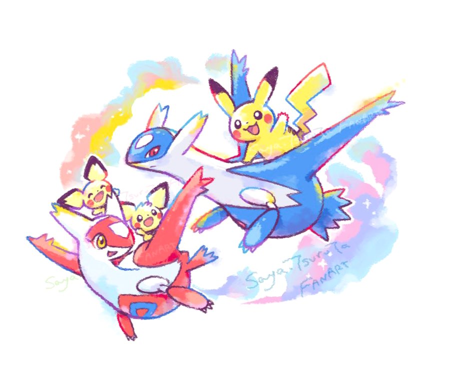 tsuruta saya, latias, latios, pichu, pikachu, nintendo, pokemon, pokemon (anime), pokemon (classic anime), commentary request, :3, :d, artist name, closed eyes, closed mouth, dot nose, gen 1 pokemon, gen 2 pokemon, gen 3 pokemon, legendary pokemon, no humans, open mouth, pichu brothers, pokemon (creature), pokemon focus, red eyes, riding, riding pokemon, smile, yellow eyes