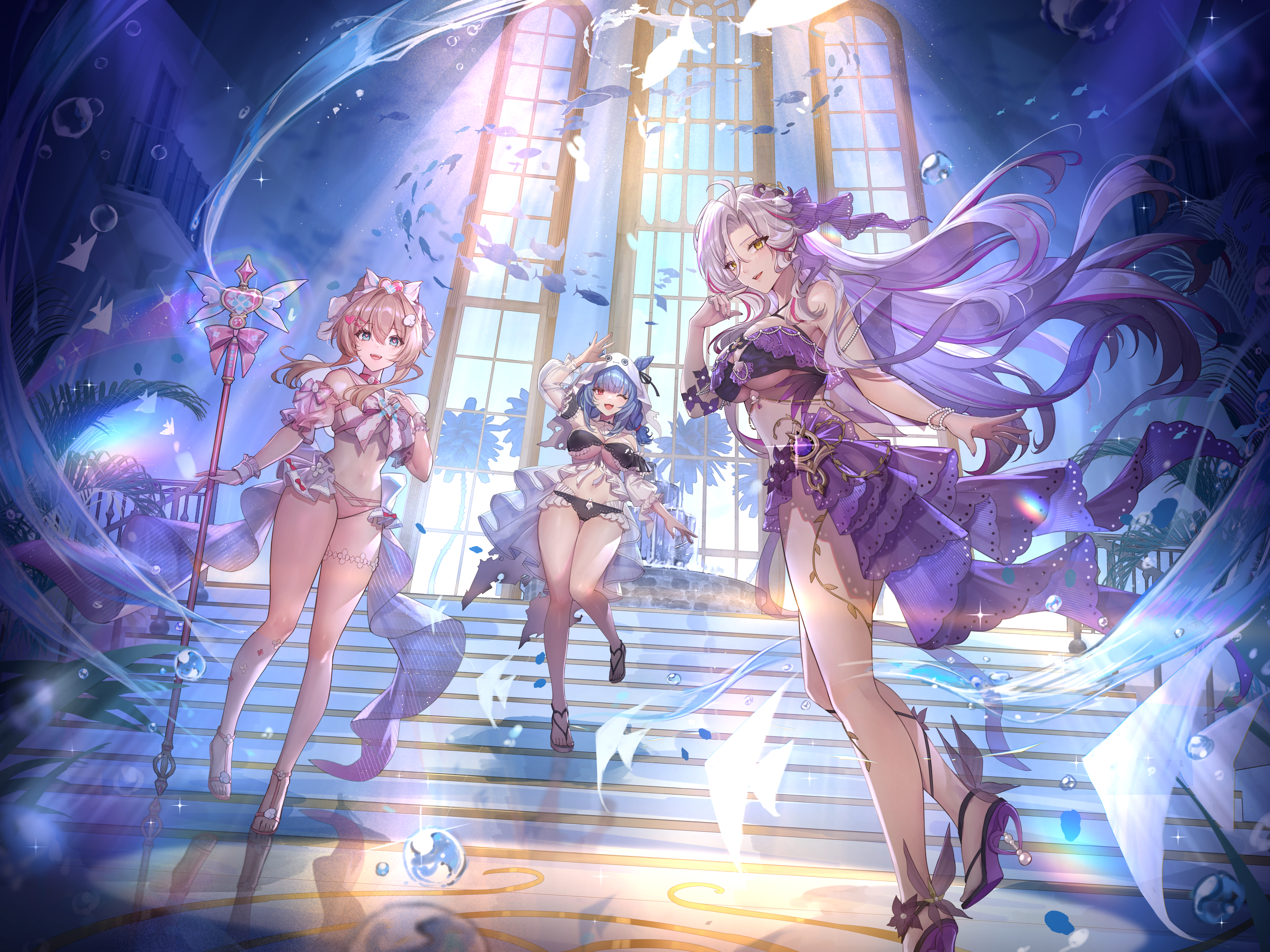 yolanda, tower of fantasy, absurdres, character request, commentary, highres, key visual, official art, promotional art, 3girls, ;d, ahoge, bikini, black bikini, blue eyes, blue hair, bracelet, breasts, cleavage, curtained hair, detached sleeves, grey hair, hair intakes, hair ornament, heart, heart in eye, high heel sandals, high heels, hipper (tower of fantasy), holding, holding staff, indoors, jewelry, lachesis (tower of fantasy), leg up, looking at viewer, multicolored hair, multiple girls, navel, one eye closed, open mouth, parted lips, pearl bracelet, pink bikini, pink hair, red eyes, revealing clothes, ring, sandals, see-through clothes, see-through sleeves, smile, staff, stairs, standing, standing on one leg, streaked hair, swimsuit, symbol in eye, thigh gap, underboob, veil, white veil, window, yellow eyes