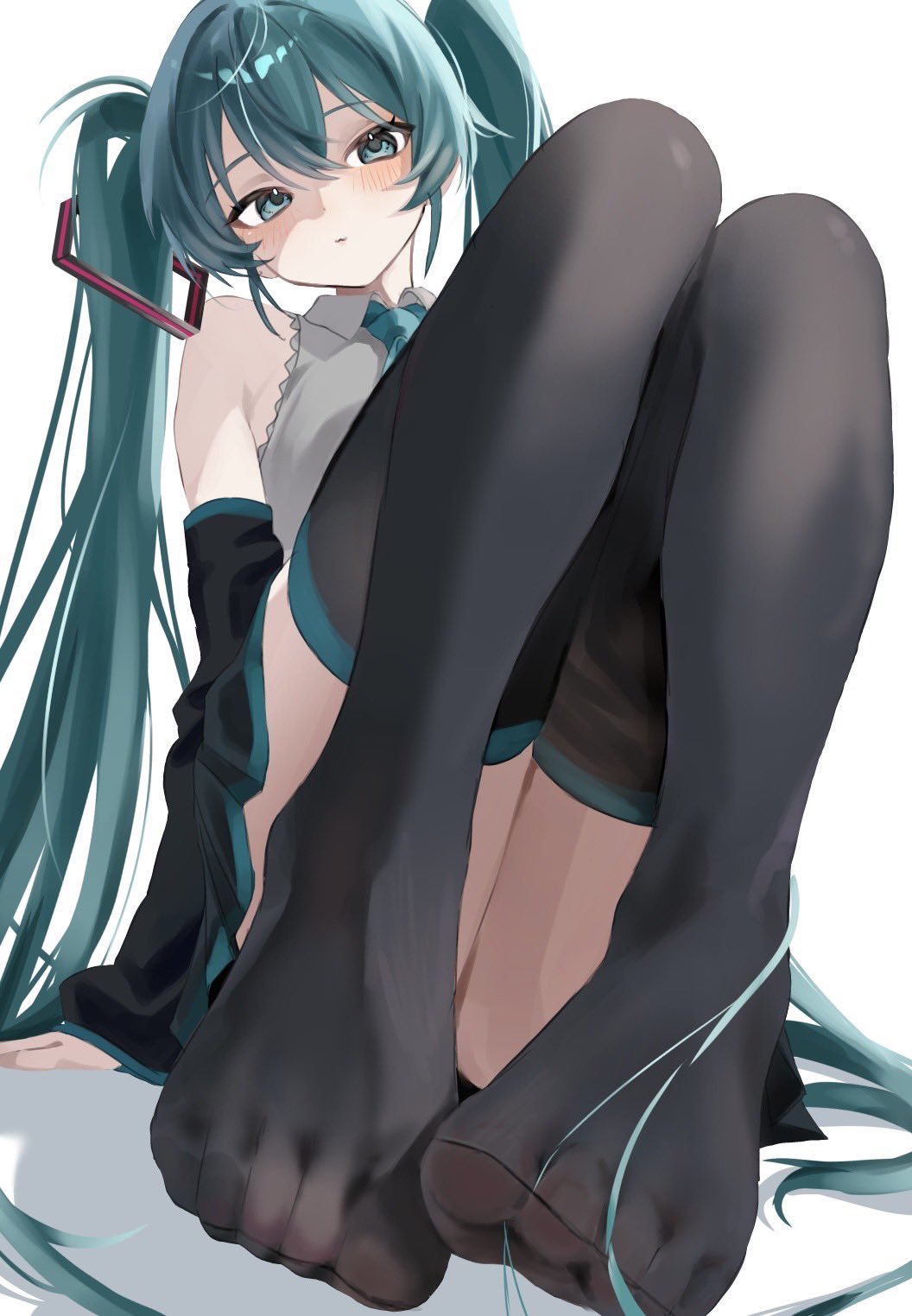 hatsune miku, highres, 1girl, aqua eyes, aqua hair, aqua necktie, bare shoulders, black thighhighs, blush, collared shirt, detached sleeves, feet, foot focus, long hair, looking at viewer, necktie, no shoes, shirt, simple background, thighhighs, very long hair, white background, white shirt