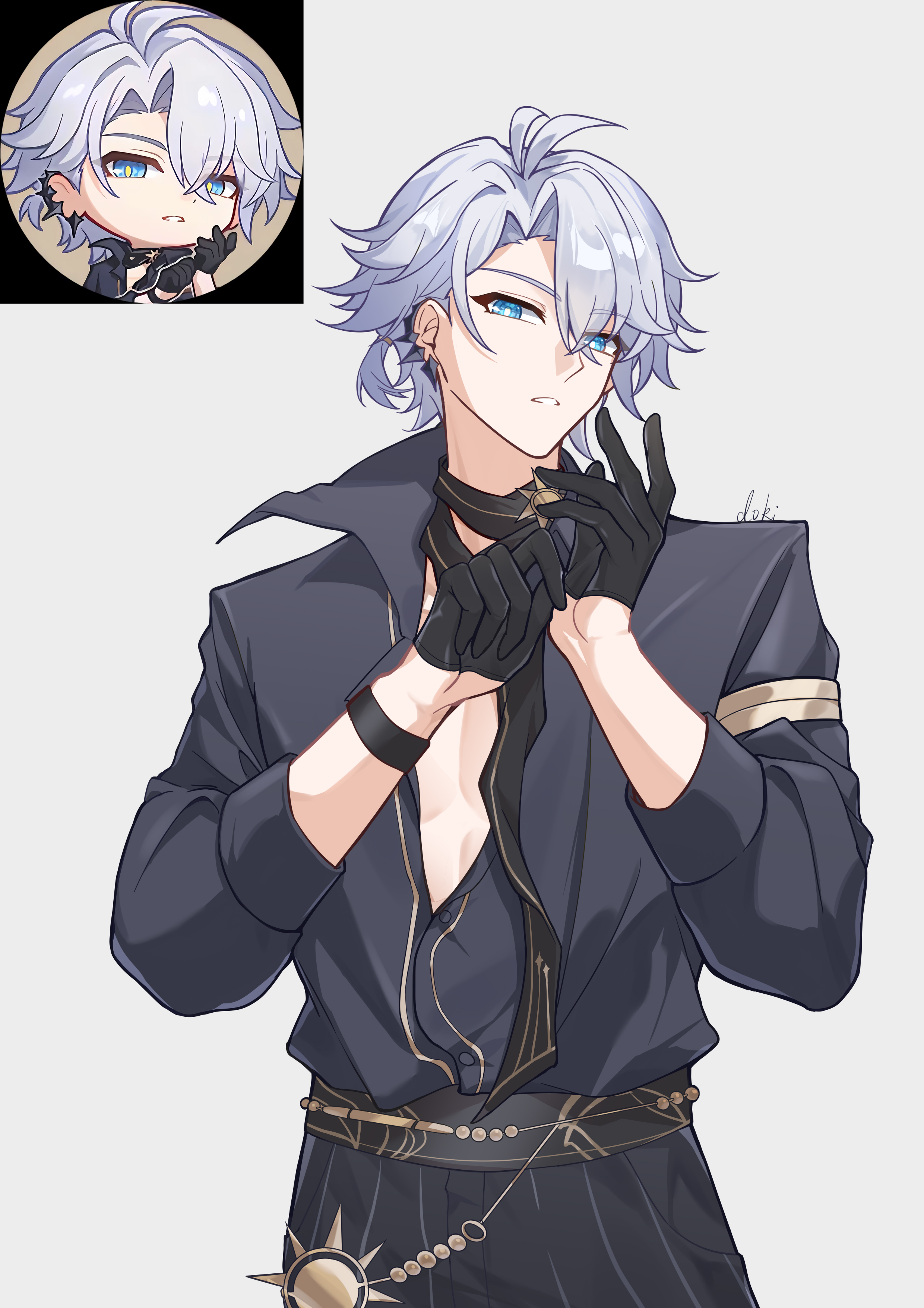 lubeludlk, phainon (fashion) (honkai: star rail), phainon (honkai: star rail), honkai: star rail, honkai (series), absurdres, highres, 1boy, adjusting clothes, artist name, belt, black gloves, black pants, black shirt, blue eyes, bright pupils, chibi, choker, ear piercing, earrings, gloves, grey hair, hair between eyes, half gloves, jewelry, looking at viewer, male focus, pants, parted lips, piercing, shirt, short hair, simple background, solo, white background, white pupils