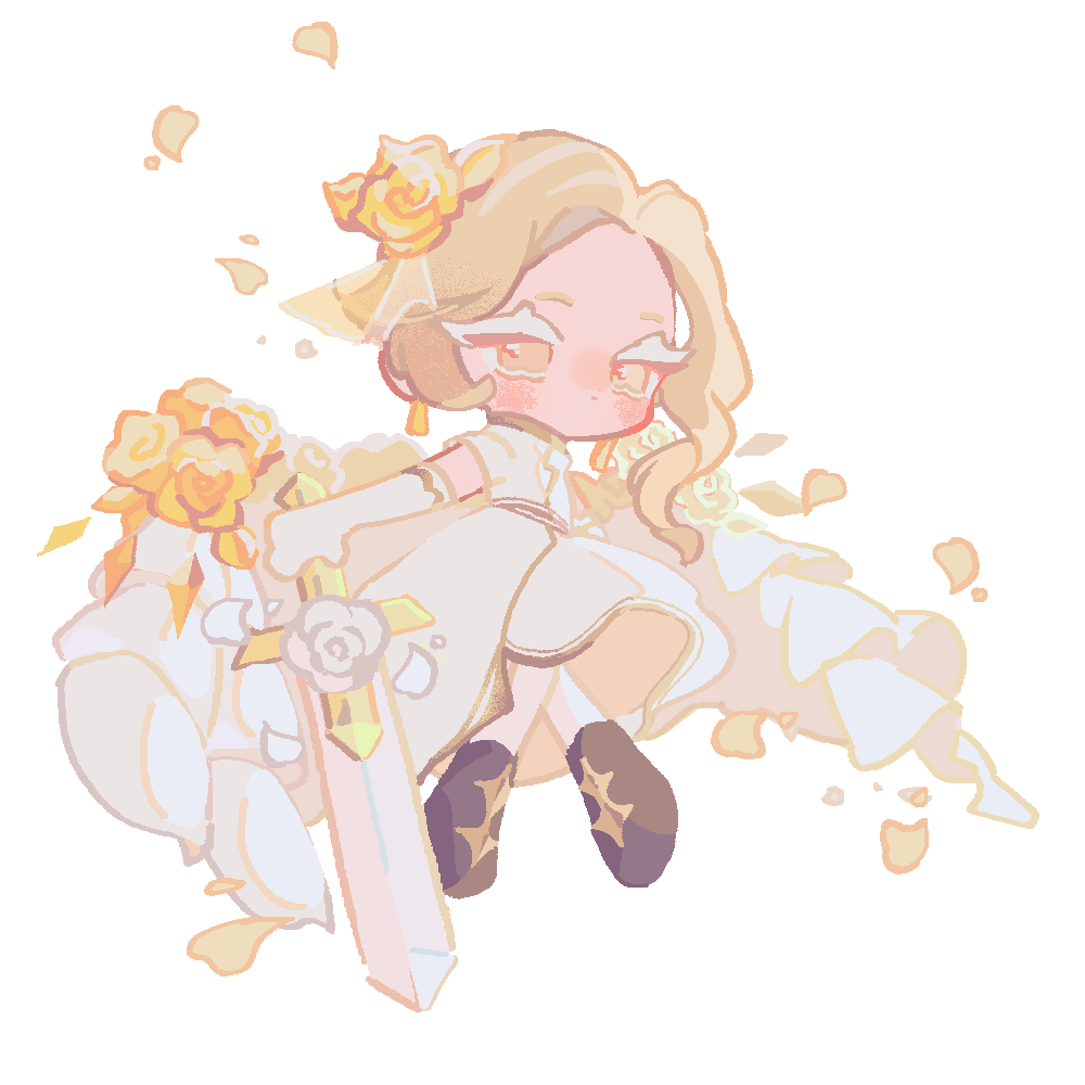 reed, financier cookie, financier cookie (white robes of honor), cookie run, cookie run: kingdom, commentary, symbol-only commentary, 1girl, ankle boots, asymmetrical hair, black boots, blonde hair, boots, chibi, chibi only, closed mouth, colored eyelashes, dress, elbow gloves, film grain, floating, flower, full body, gloves, gold trim, hair flower, hair ornament, holding, holding sword, holding weapon, humanization, knees together feet apart, looking ahead, medium dress, medium hair, no pupils, official alternate costume, official alternate hair length, official alternate hairstyle, pantyhose, rose, short sleeves, simple background, solo, sword, weapon, white background, white dress, white eyelashes, white flower, white gloves, white pantyhose, white rose, yellow flower, yellow petals, yellow rose