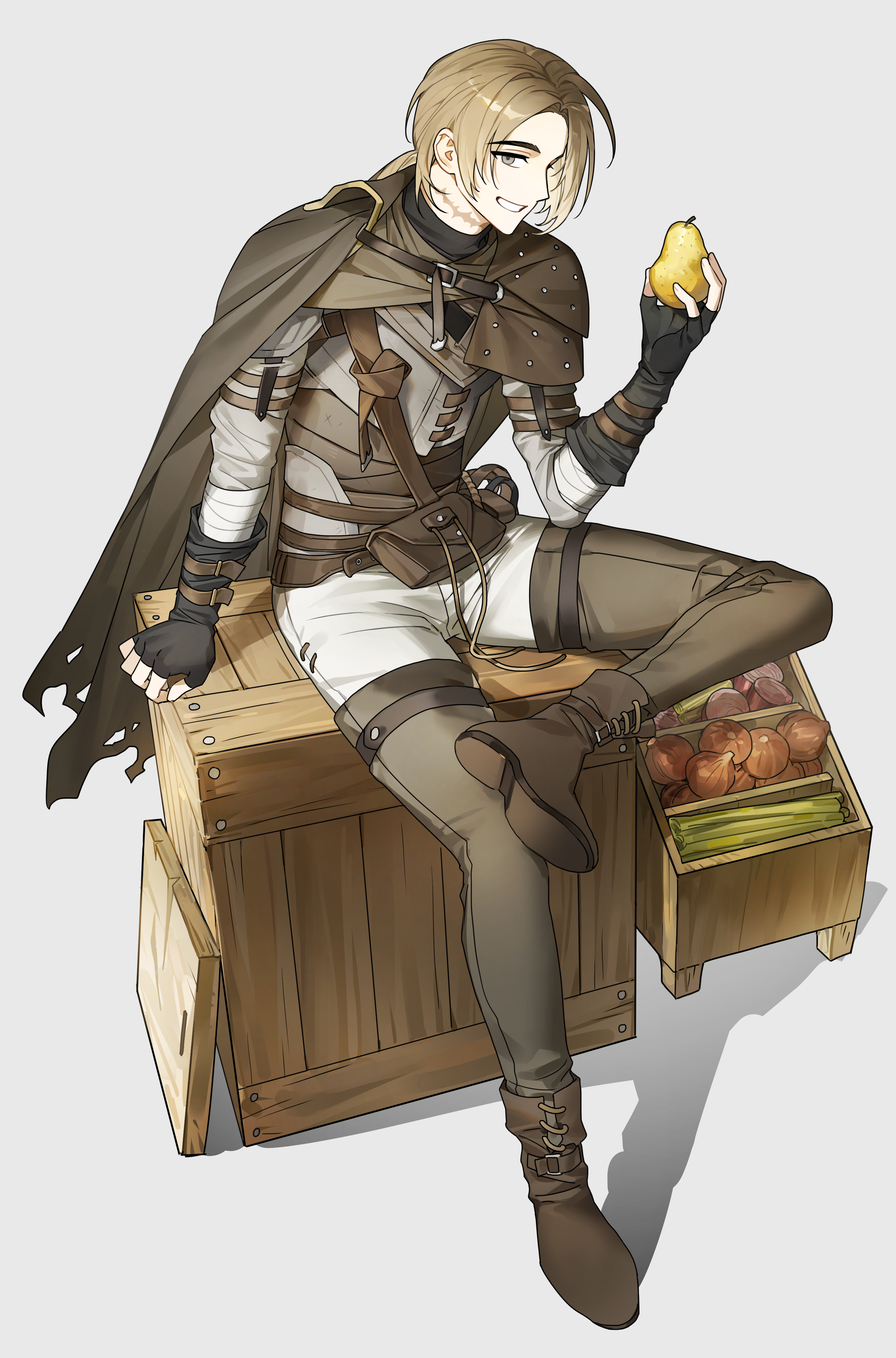 nanagom, original, absurdres, commentary, highres, 1boy, black gloves, blonde hair, boots, brown boots, brown cape, brown pants, cape, fingerless gloves, food, fruit, full body, gloves, grin, holding, holding food, holding fruit, long hair, long sleeves, looking at viewer, male focus, pants, pear, shirt, simple background, sitting, smile, solo, white background, white shirt, yellow eyes