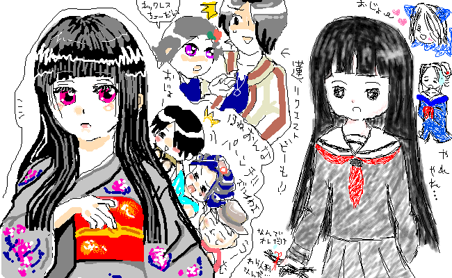 enma ai, ichimoku ren, jigoku shoujo, 00s, black hair, japanese clothes, kimono, red eyes, school uniform, serafuku