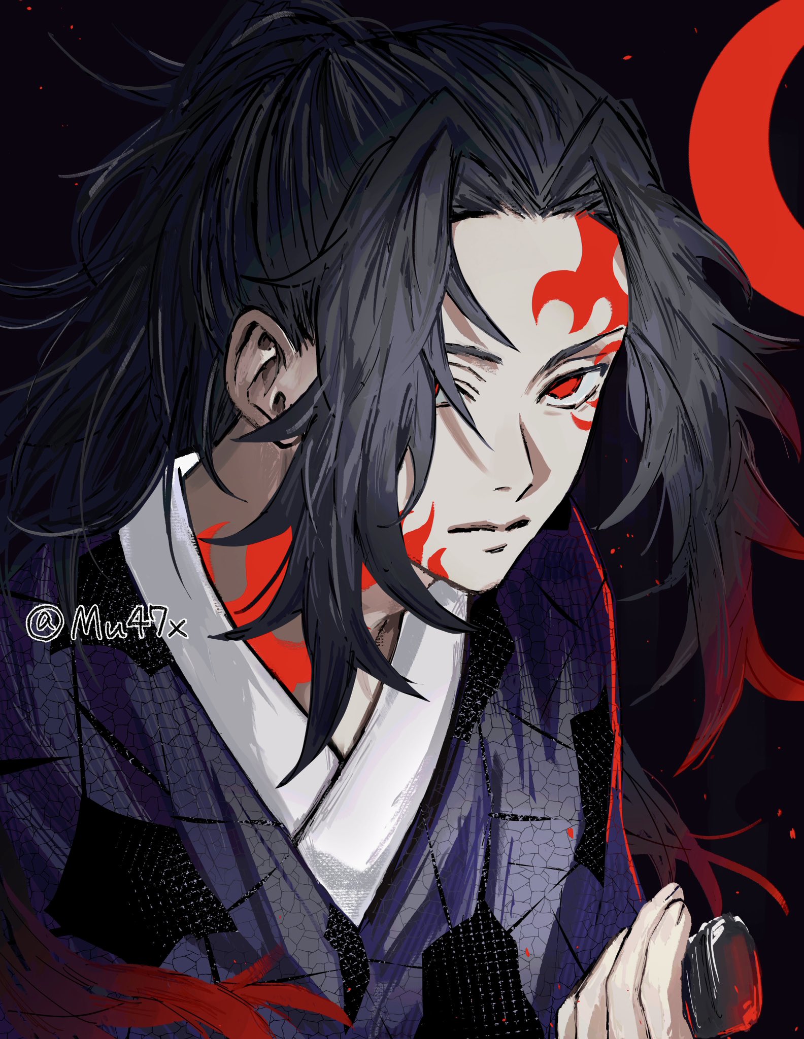 tsugikuni michikatsu, kimetsu no yaiba, highres, 1boy, black hair, closed mouth, empty eyes, haori, high ponytail, holding, holding sword, holding weapon, japanese clothes, katana, long hair, looking at viewer, male focus, mu47x, ponytail, purple haori, red eyes, red tattoo, solo, sword, twitter username, upper body, weapon