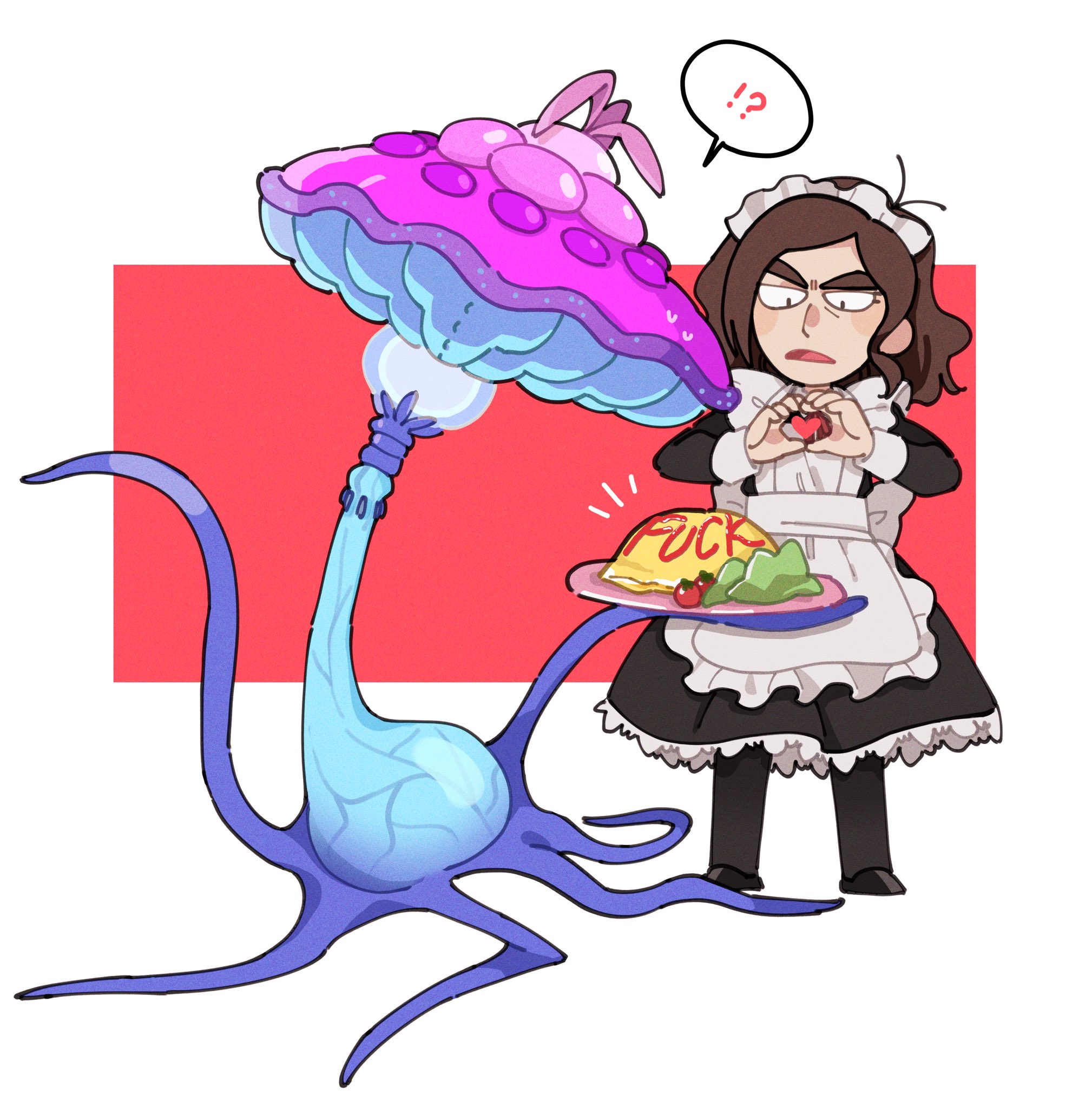 sweetp247, reagan ridley, inside job, commentary, highres, symbol-only commentary, !?, 1girl, 1other, alternate costume, apron, black shoes, brown hair, cherry tomato, enmaided, food, frown, glowing mushroom, heart, heart hands, maid, maid apron, maid headdress, monster, myc celium, omelet, omurice, open mouth, profanity, shoes, speech bubble, spoken interrobang, tomato