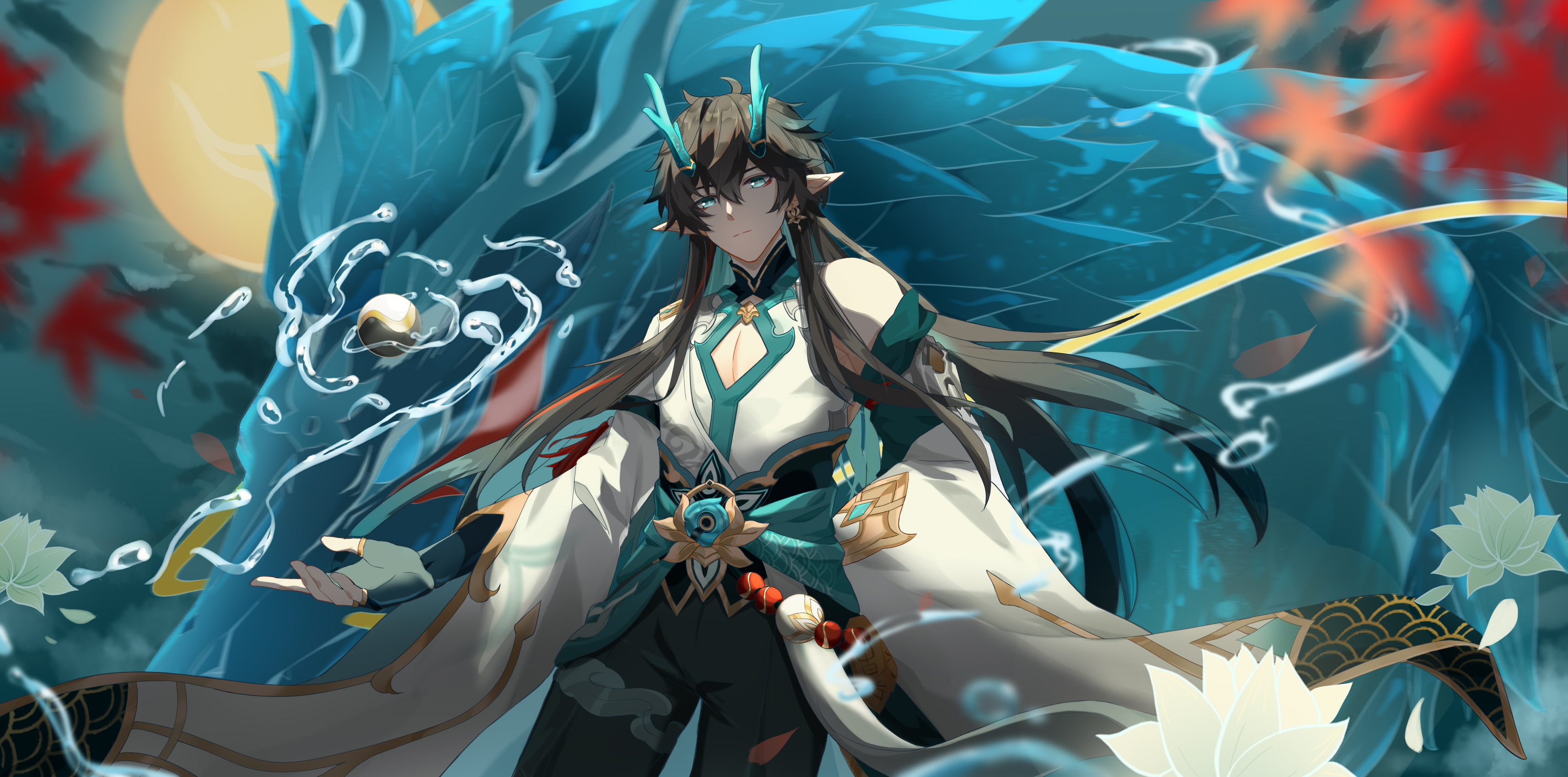 lubeludlk, dan heng (honkai: star rail), dan heng (imbibitor lunae) (honkai: star rail), honkai: star rail, honkai (series), absurdres, highres, 1boy, black hair, chinese clothes, closed mouth, detached sleeves, dragon, dragon boy, dragon horns, earrings, eastern dragon, eyeliner, fingerless gloves, gloves, green eyes, green gloves, green horns, hair between eyes, horns, jewelry, leaf, long hair, long sleeves, looking at viewer, makeup, male focus, maple leaf, orb, pectoral cleavage, pectorals, pointy ears, red eyeliner, single bare shoulder, upper body, wide sleeves, yin yang, yin yang orb
