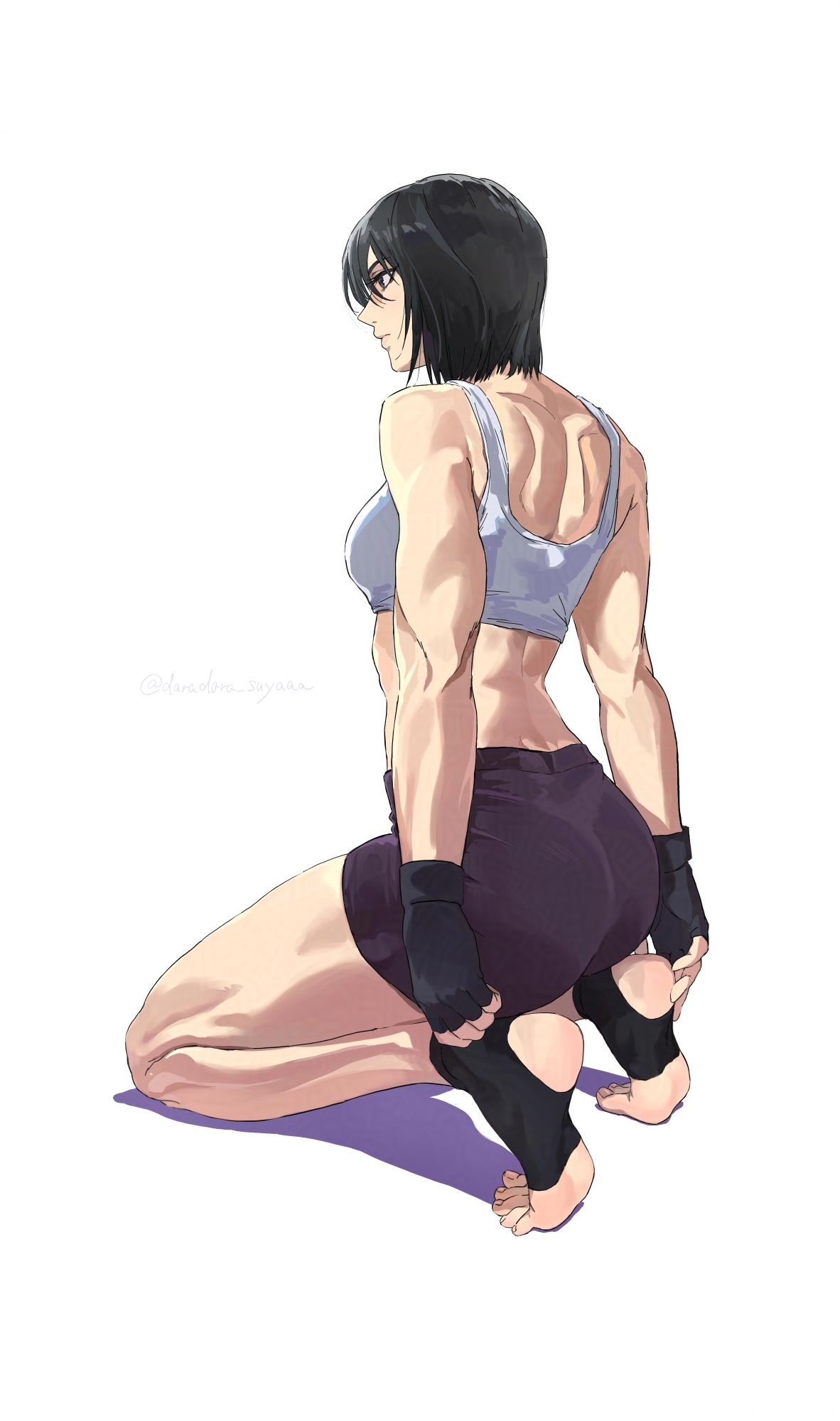 darao (daradara suyaaa), mikasa ackerman, shingeki no kyojin, highres, 1girl, ass, bare arms, bare shoulders, black gloves, black hair, bob cut, closed mouth, fingerless gloves, from behind, full body, gloves, grey eyes, kneeling, median furrow, muscular, muscular female, purple shorts, short hair, shorts, signature, simple background, solo, sports bra, stirrup footwear, thighs, toes, twitter username, white background, white sports bra
