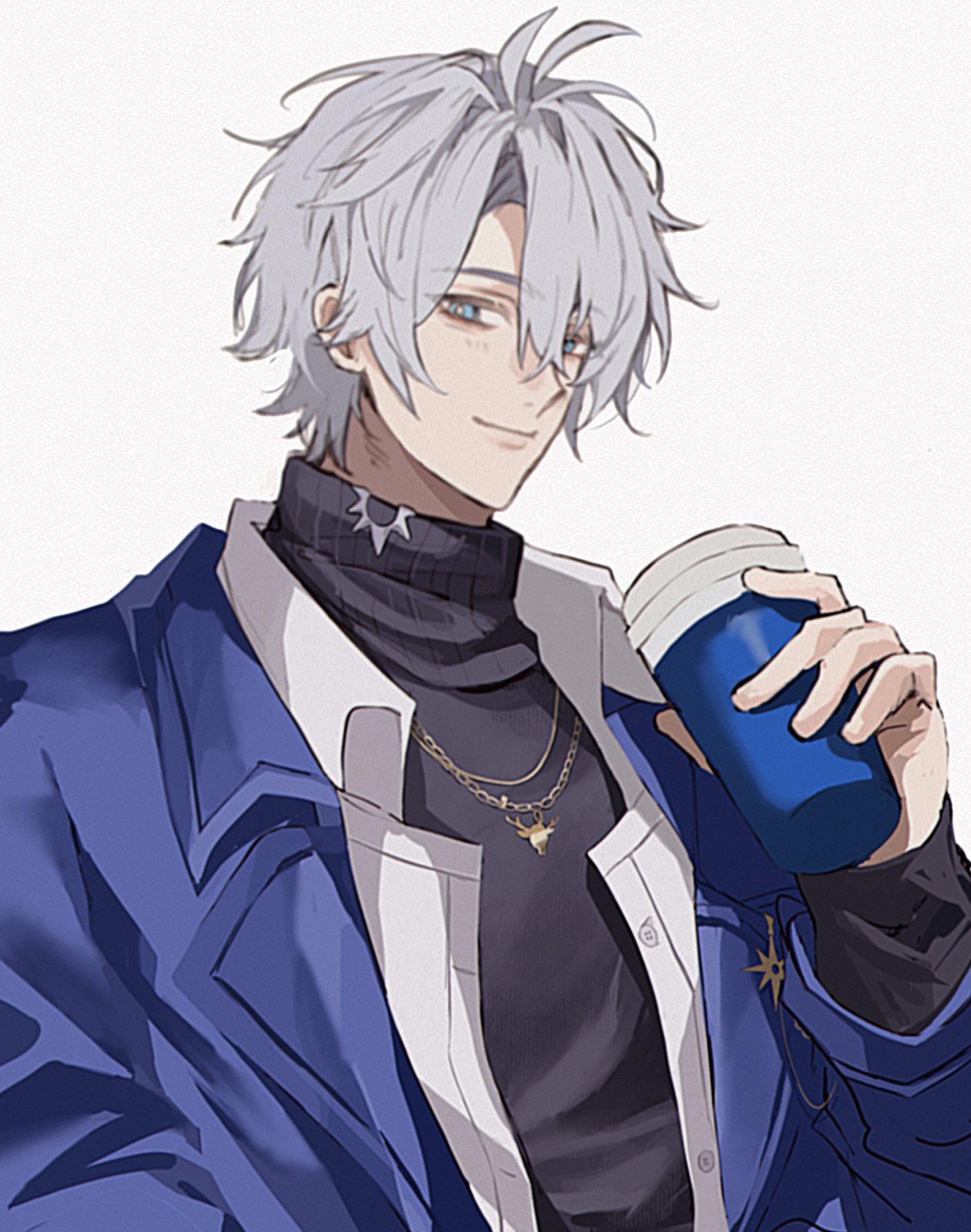 k 7s, phainon (honkai: star rail), honkai: star rail, honkai (series), highres, 1boy, antenna hair, black sweater, blue eyes, closed mouth, coat, cup, grey hair, hair between eyes, holding, holding cup, jewelry, looking at viewer, male focus, necklace, official alternate costume, open clothes, open coat, open shirt, parted bangs, phainon (luckin coffee) (honkai: star rail), purple coat, shirt, short hair, simple background, smile, solo, sweater, turtleneck, turtleneck sweater, white background, white shirt, yellow pupils