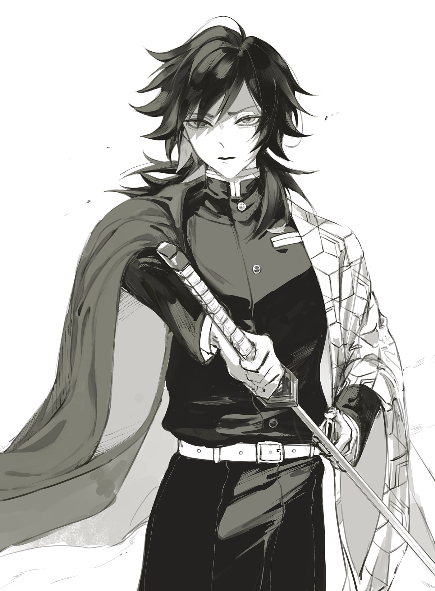 user grfn4228, tomioka giyuu, kimetsu no yaiba, highres, 1boy, belt, black hair, black jacket, black pants, buttons, closed mouth, cowboy shot, demon slayer uniform, half-closed eyes, haori, holding, holding sword, holding weapon, jacket, japanese clothes, katana, looking at viewer, low ponytail, male focus, monochrome, pants, ponytail, print haori, simple background, solo, spiked hair, sword, weapon, white background, white belt