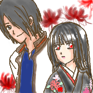 enma ai, ichimoku ren, jigoku shoujo, lowres, 00s, black hair, japanese clothes, kimono, red eyes