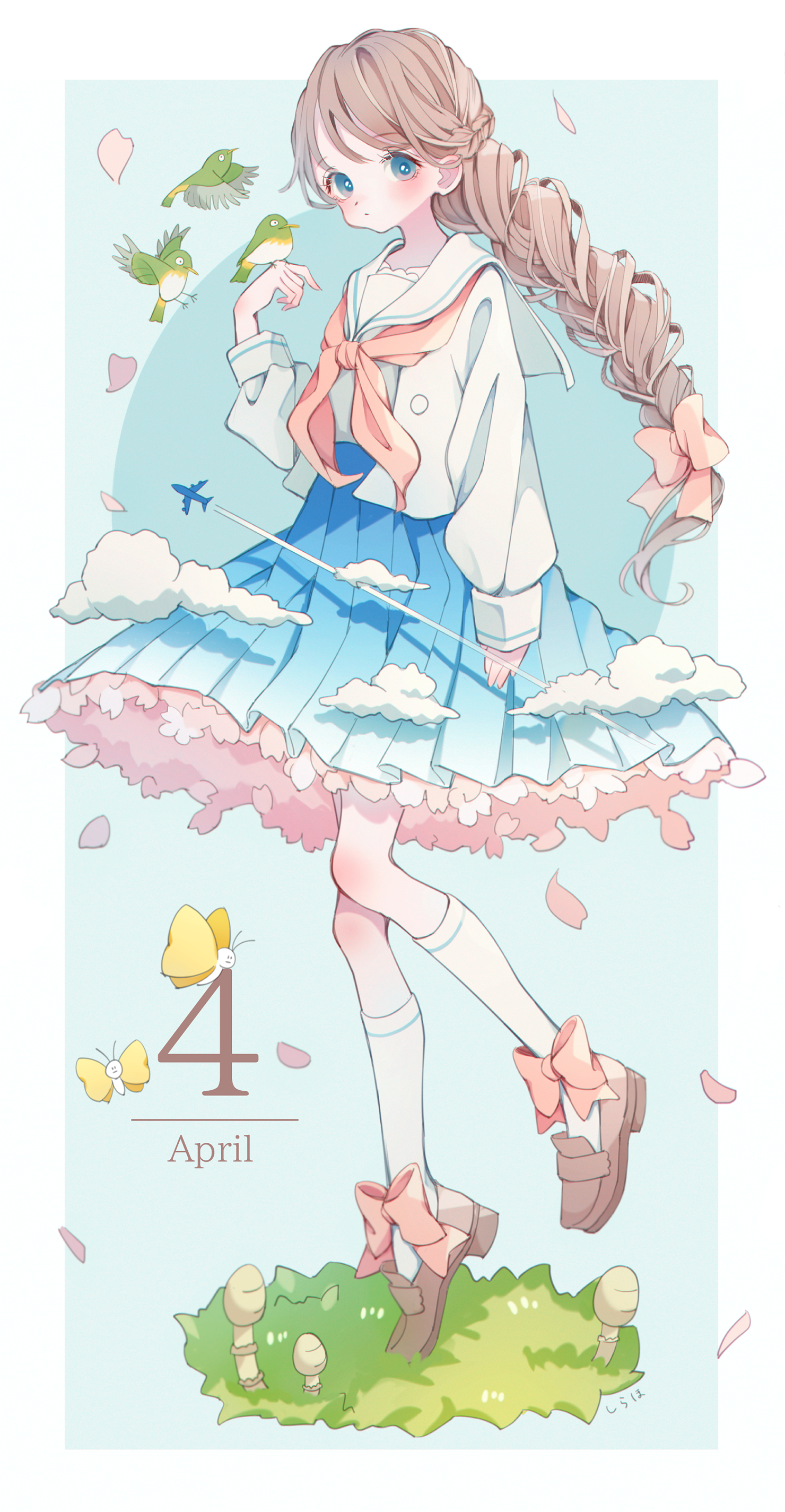 shiraho (color-56), original, absurdres, commentary request, highres, 1girl, april, bird, bird on hand, blue background, blue eyes, blue skirt, blush, border, bow, brown hair, brown shoes, closed mouth, footwear bow, frilled skirt, frills, full body, hair bow, hand up, loafers, long hair, long sleeves, looking at viewer, neckerchief, personification, pink bow, pink neckerchief, pleated skirt, sailor collar, school uniform, serafuku, shirt, shoes, simple background, skirt, socks, solo, standing, white border, white sailor collar, white shirt, white socks