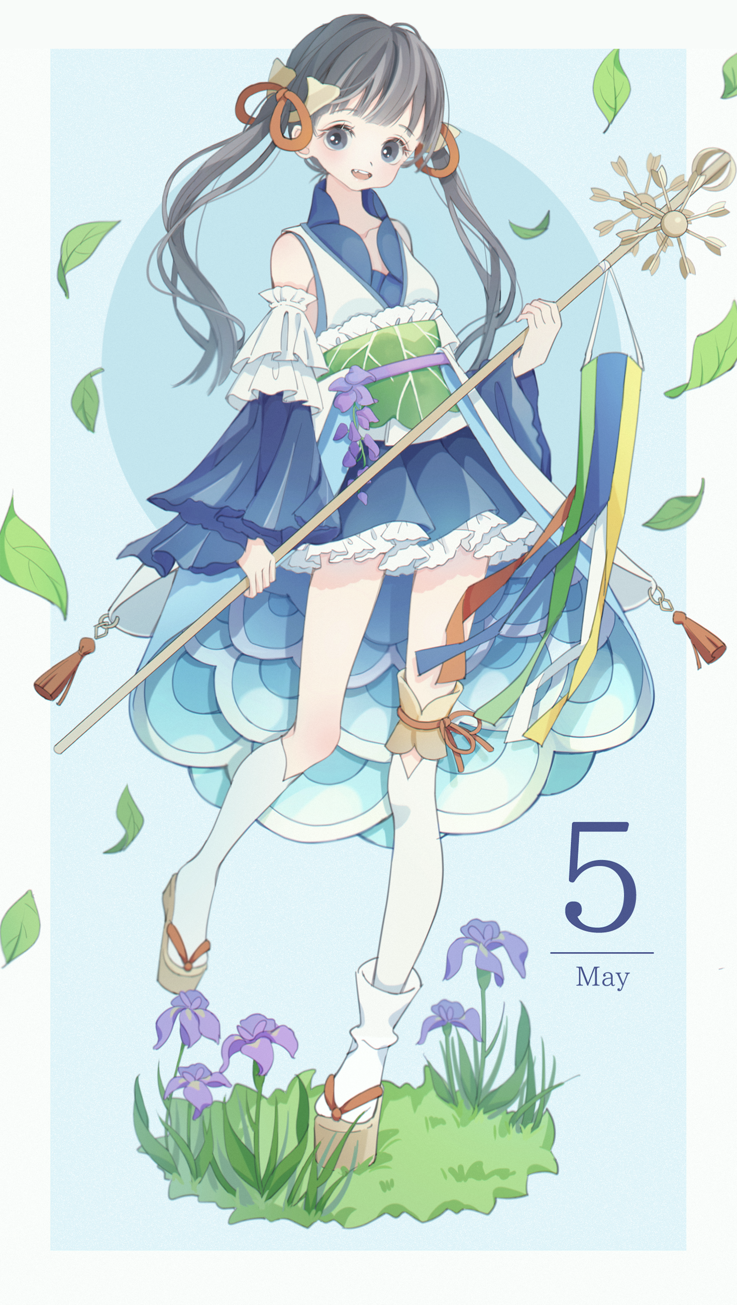 shiraho (color-56), original, absurdres, commentary request, highres, 1girl, :d, bare shoulders, black hair, blue background, blue skirt, blue sleeves, blunt bangs, blush, brown sandals, detached sleeves, frilled skirt, frills, full body, grass, green sash, grey eyes, holding, holding staff, japanese clothes, kimono, leaf, long hair, long sleeves, looking at viewer, may, missing tooth, obi, obijime, open mouth, personification, platform sandals, pleated skirt, sandals, sash, simple background, skirt, sleeveless, sleeveless kimono, smile, solo, staff, standing, tabi, thighhighs, twintails, white kimono, white thighhighs, wide sleeves