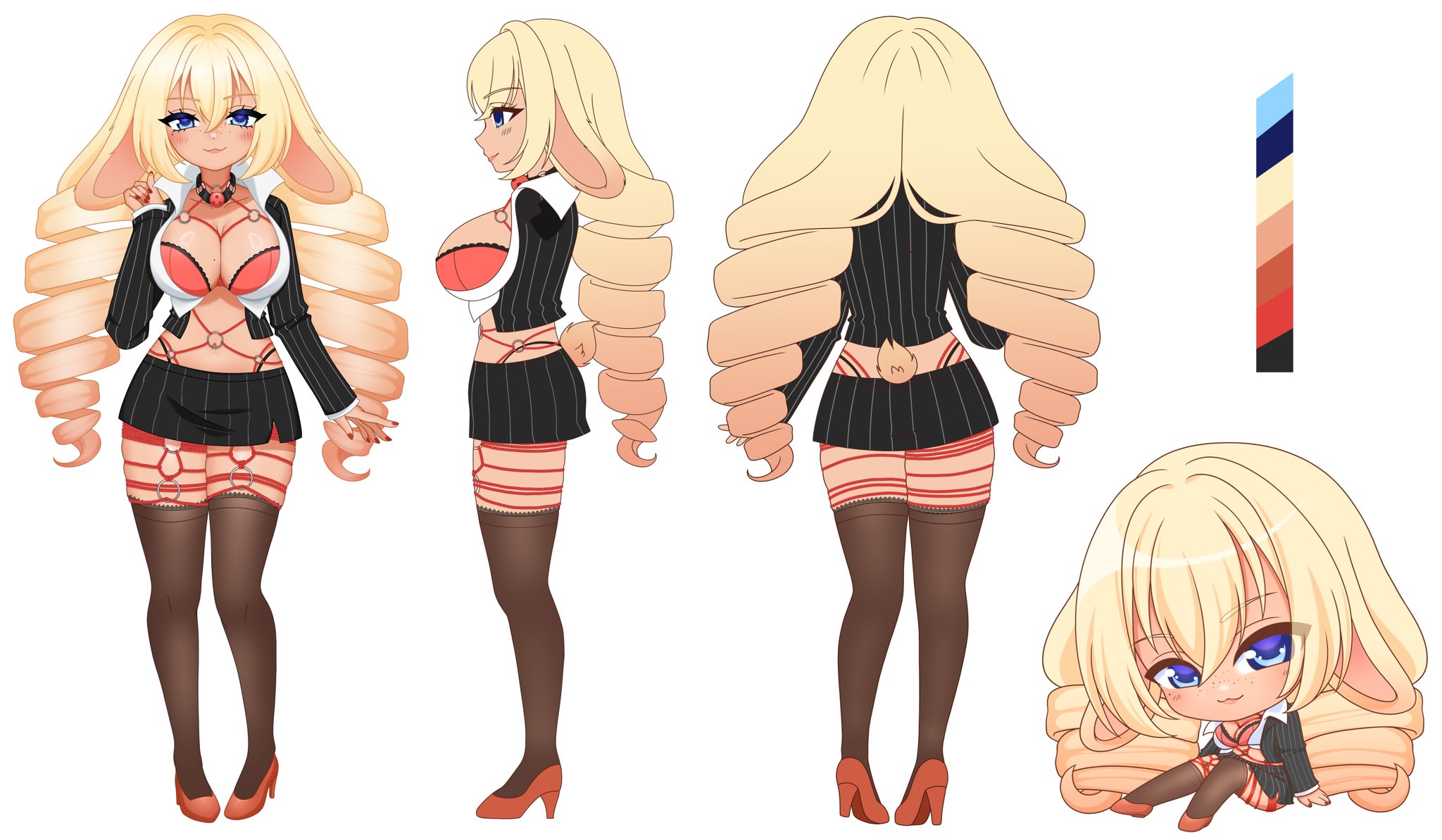 shibi cottonbum, vallure, artist request, highres, 1girl, :3, animal ears, ball gag, blonde hair, blue eyes, blush, bra, breasts, chibi, collared shirt, color guide, drill hair, eyelashes, formal clothes, freckles, gag, gradient hair, high heels, long hair, long sleeves, lop rabbit ears, miniskirt, mole, mole on breast, multicolored hair, multiple views, navel, o-ring, orange hair, pinstripe pattern, pinstripe skirt, pinstripe suit, popped collar, rabbit ears, rabbit girl, rabbit tail, red bra, red nails, red shoes, reference sheet, shibari, shirt, shoes, skirt, suit, tail, thighhighs, twin drills, underwear, virtual youtuber, white shirt