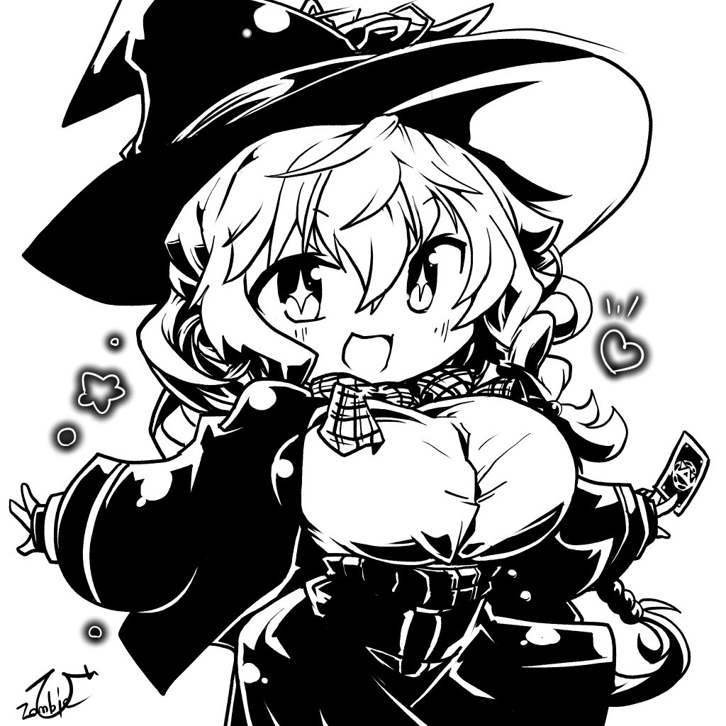 eri (blue archive), blue archive, bow, bowtie, braid, card, chibi, dodozom, halo, hat, holding, holding card, jacket, long coat, long hair, monochrome, orange eyes, shirt, sketch, skirt, sparkling eyes, star (symbol), sweater, white hair, witch hat