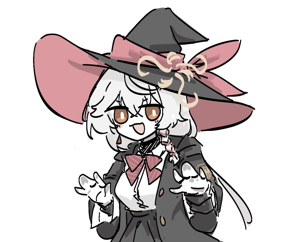 eri (blue archive), blue archive, :d, bow, bowtie, braid, earrings, grape808080, halo, hat, jacket, jewelry, long coat, long hair, open mouth, orange eyes, ring, shirt, skirt, smile, sweater, white hair, witch hat