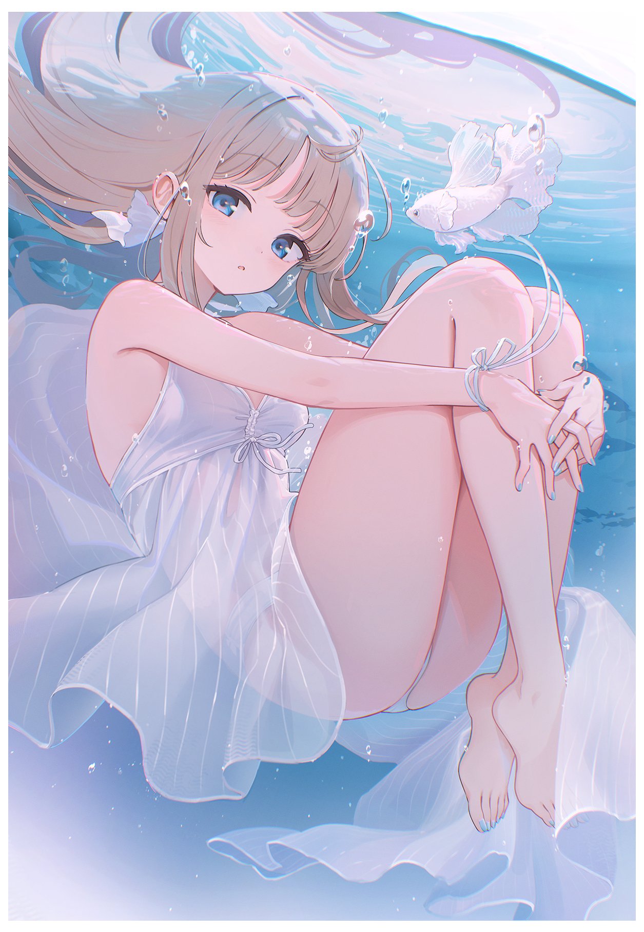 shnva, original, highres, 1girl, afloat, blonde hair, blue eyes, blue nails, blunt bangs, blush, bow, bubble, dress, fins, fish, holding legs, long hair, looking at viewer, no legwear, no shoes, ocean, open mouth, panties, ribbon, see-through clothes, sleeveless, solo, underwear, water, white bow, white dress, white ribbon, wrist ribbon