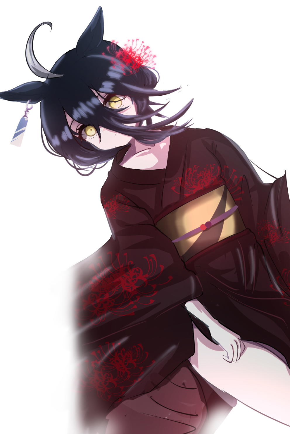 itsuyoitsuyo, manhattan cafe (umamusume), umamusume, highres, 1girl, ahoge, animal ears, black kimono, collarbone, ear ornament, ear tag, earrings, floral print, flower, grey hair, hair between eyes, hair bun, hair flower, hair ornament, horse ears, horse girl, horse tail, japanese clothes, jewelry, kimono, long bangs, long hair between eyes, long sleeves, medium hair, multicolored hair, multicolored kimono, obi, official alternate costume, official alternate hairstyle, pale skin, red flower, sash, shirt, simple background, single earring, single hair bun, solo, spider lily, tail, white background, wide sleeves, yellow eyes, yellow shirt