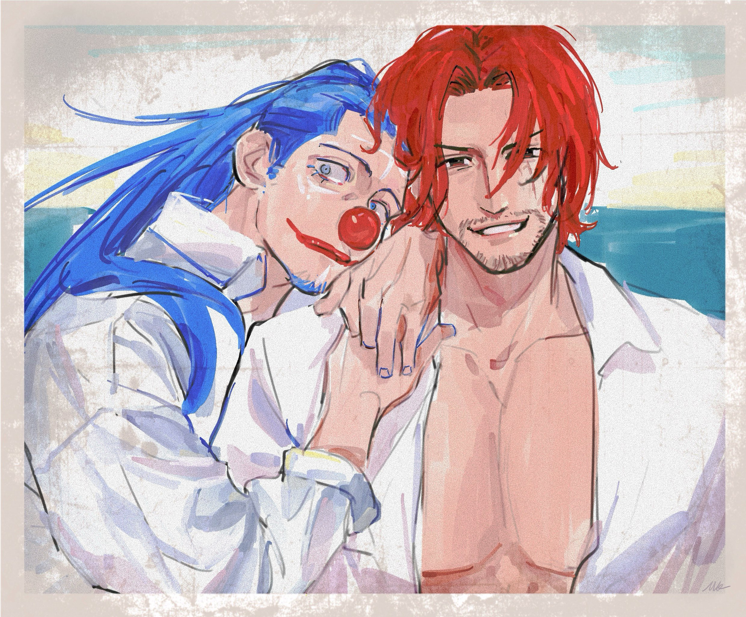 vamos mk, buggy the clown, shanks (one piece), one piece, highres, 2boys, blue eyes, broad shoulders, cloud, cloudy sky, clown, clown nose, dress shirt, facial hair, goatee stubble, grin, hair intakes, hug, large pectorals, long hair, makeup, male focus, multiple boys, ocean, open clothes, open shirt, pectorals, red hair, red lips, red nose, shirt, short hair, sky, smile, stubble, yaoi