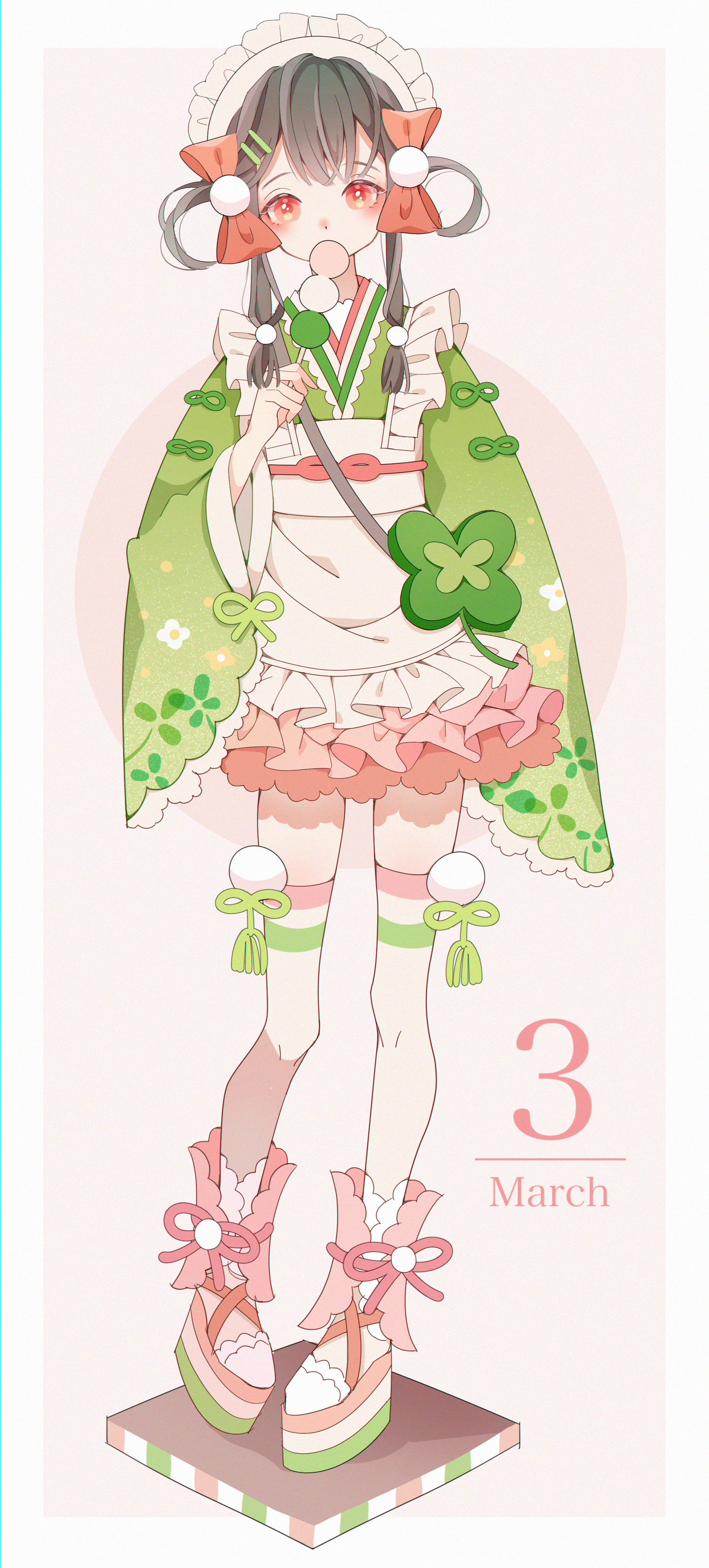 shiraho (color-56), original, absurdres, commentary request, highres, 1girl, apron, black hair, blush, boots, border, bow, dango, food, frilled apron, frills, full body, green kimono, hair bow, hair rings, holding, holding food, japanese clothes, kimono, long hair, long sleeves, looking at viewer, maid headdress, march, obi, obijime, personification, pink background, pink boots, red bow, red eyes, sanshoku dango, sash, simple background, solo, standing, thighhighs, wagashi, white apron, white border, white sash, white thighhighs, wide sleeves