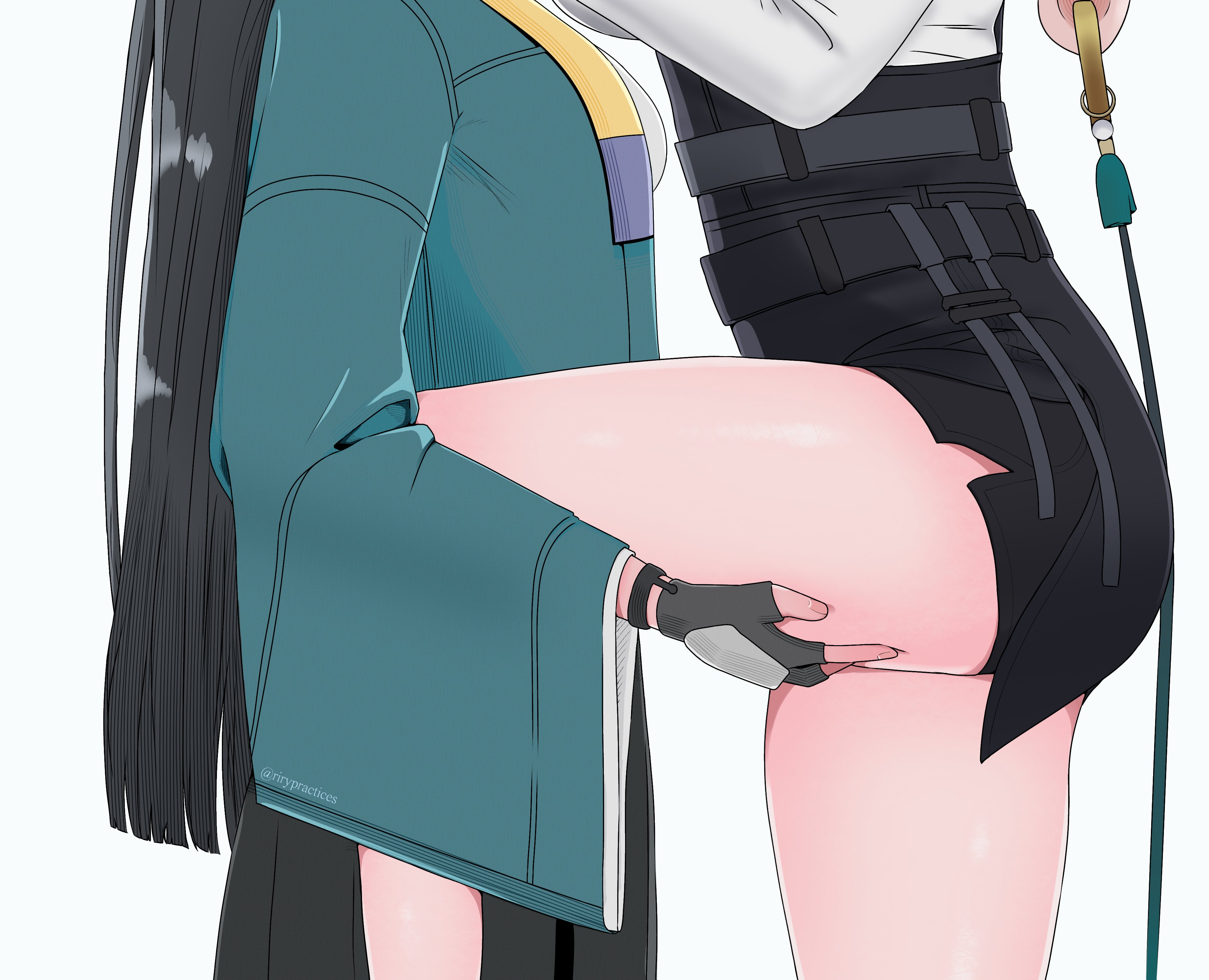 hoshimi miyabi, tsukishiro yanagi, zenless zone zero, absurdres, highres, 2girls, black gloves, black hair, black skirt, fingerless gloves, fox girl, from side, gloves, green jacket, high-waist skirt, jacket, legs, multiple girls, out of frame, pencil skirt, pink hair, ring hair ornament, rirypractices, simple background, skirt, thighs, white background, yuri