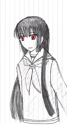 enma ai, jigoku shoujo, lowres, 00s, black hair, red eyes, school uniform, serafuku, sketch