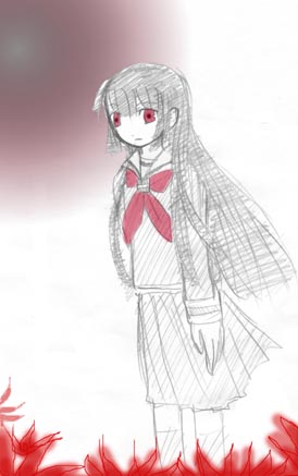 enma ai, jigoku shoujo, lowres, 00s, black hair, red eyes, school uniform, serafuku, sketch