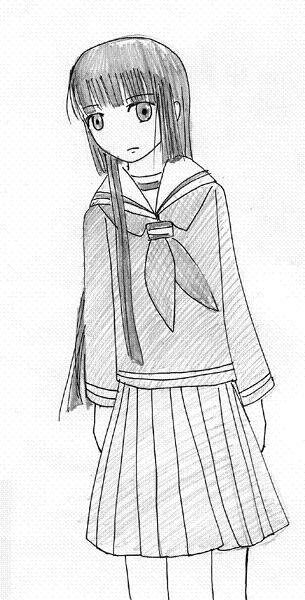 enma ai, jigoku shoujo, 00s, monochrome, school uniform, serafuku, sketch