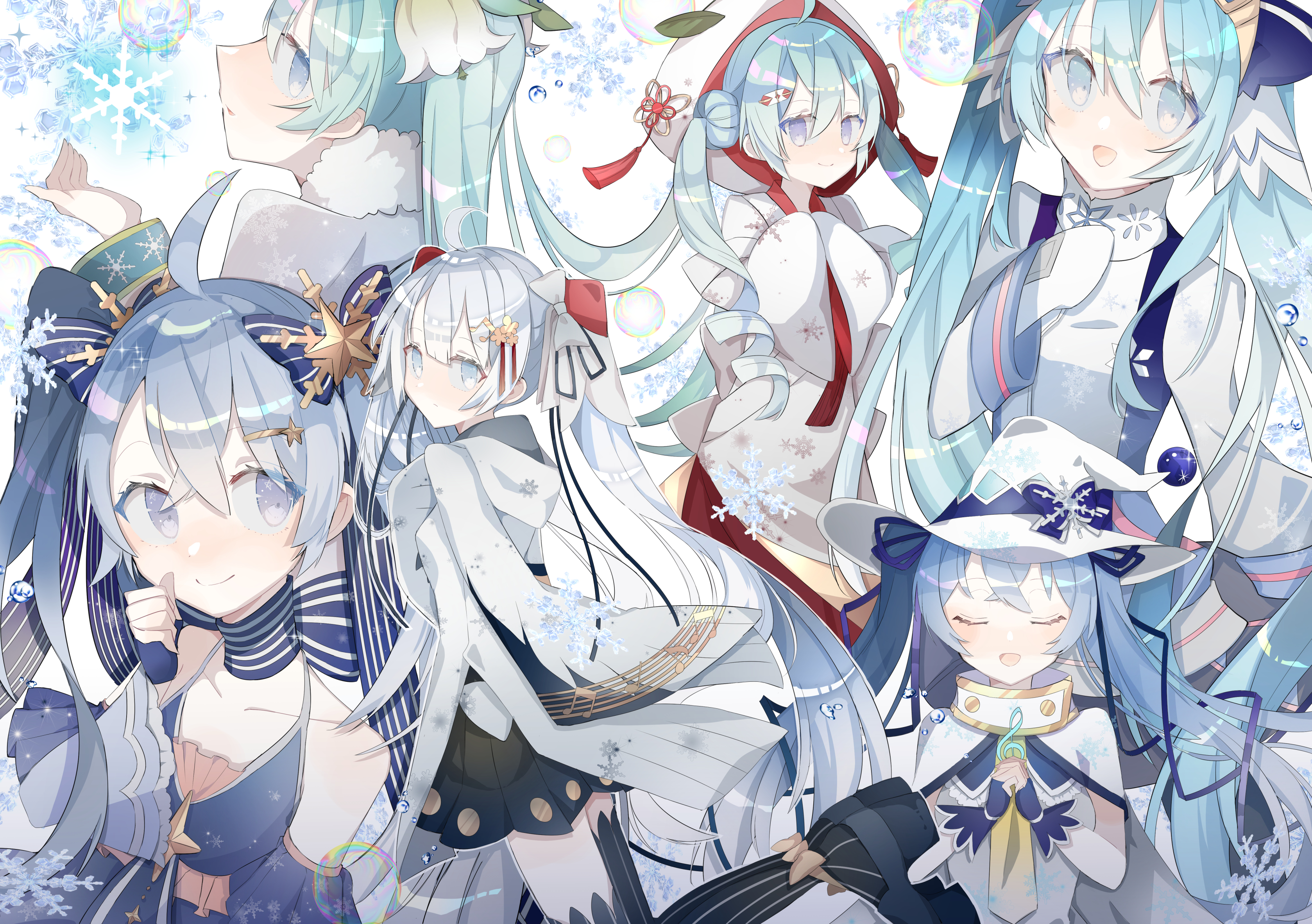 siho (ricchil), hatsune miku, yuki miku, yuki miku (2013), yuki miku (2014), yuki miku (2016), yuki miku (2017), yuki miku (2018), vocaloid, absurdres, commentary, highres, 6+girls, ahoge, aqua eyes, aqua hair, blue bow, blue dress, blush, bow, chihaya (clothing), cloak, closed eyes, closed mouth, collarbone, double bun, dress, fingerless gloves, gloves, hair bun, hair ornament, hands in opposite sleeves, hat, japanese clothes, kimono, long hair, looking at viewer, miko, multiple girls, multiple persona, official alternate costume, official alternate hairstyle, open mouth, own hands together, smile, star (symbol), star hair ornament, twintails, uchikake, very long hair, white cloak, white gloves, witch, witch hat, yuki miku (2015)