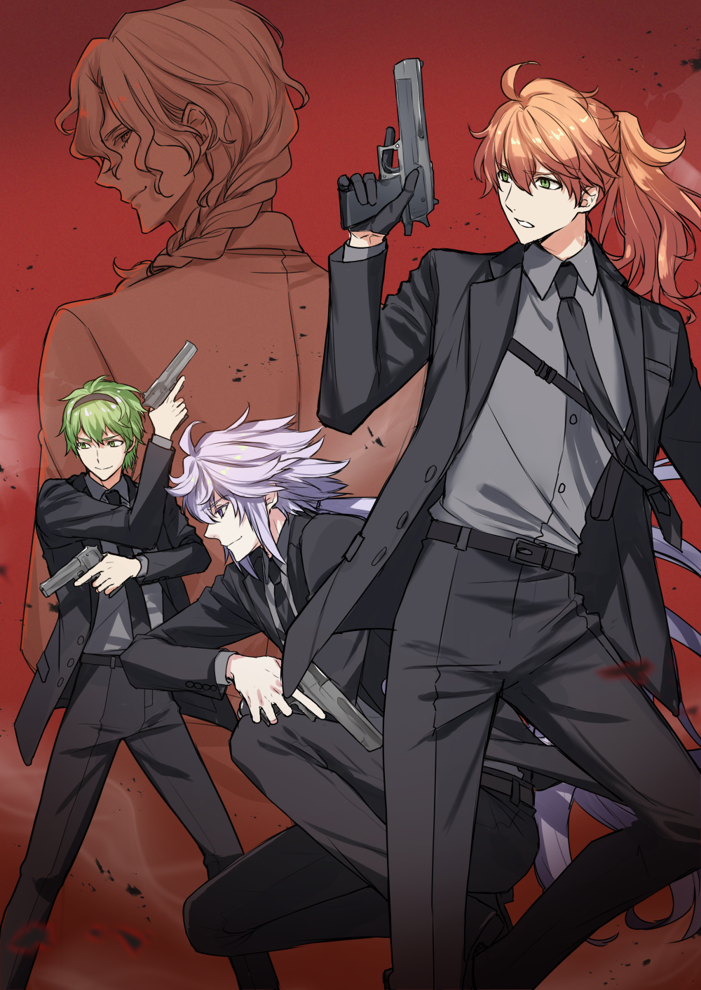 fujinari takumi, david (fate), marisbury animusphere, merlin (fate), romani archaman, fate/grand order, fate (series), highres, 4boys, ahoge, alternate costume, belt, belt buckle, black belt, black gloves, black hairband, black jacket, black necktie, black pants, black suit, braid, buckle, closed mouth, collared shirt, dual wielding, formal clothes, gloves, green eyes, green hair, grey hair, grey shirt, gun, hair between eyes, hair over shoulder, hairband, hand up, handgun, holding, holding gun, holding weapon, holster, jacket, long hair, long sleeves, looking ahead, looking at viewer, looking to the side, male focus, multiple boys, necktie, open clothes, open jacket, orange hair, pants, parted lips, ponytail, purple eyes, purple hair, red background, shirt, short hair, shoulder holster, single braid, smile, squatting, standing, suit, trigger discipline, weapon, white jacket