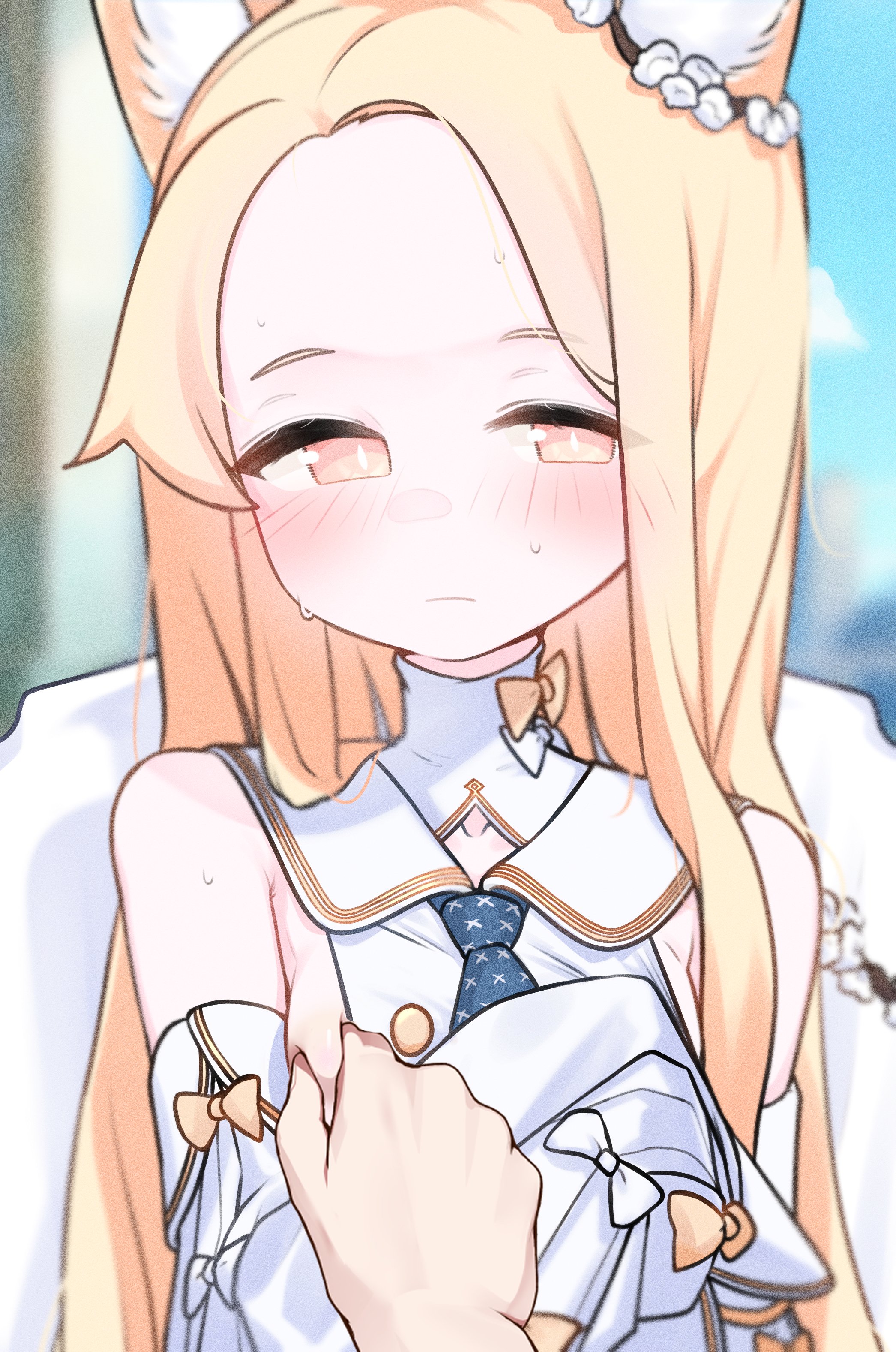sharp to sharp, seia (blue archive), blue archive, absurdres, highres, 1boy, 1girl, animal ear fluff, animal ears, bare shoulders, blonde hair, blue necktie, blush, bow, breasts, buttons, closed mouth, detached sleeves, flower, flower hairband, fox ears, grabbing another's breast, groping, hair flower, hair ornament, half-closed eyes, hand on another's chest, loli, long hair, long sleeves, looking at viewer, necktie, off shoulder, pinching, pov, pov hands, puffy long sleeves, puffy sleeves, ribbon, sideboob, sideboob cutout, sleeve bow, sleeves past fingers, sleeves past wrists, small breasts, standing, sweat, sweatdrop, very long hair, white bow, white sleeves, yellow bow, yellow eyes