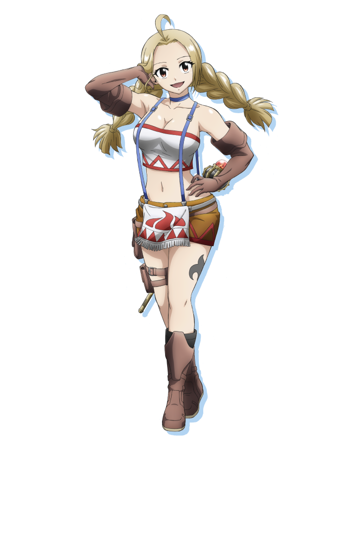 arche (farmagia), farmagia, official art, 1girl, ahoge, anime coloring, arm up, armpits, bandeau, bare shoulders, belt, belt pouch, blonde hair, blue choker, boots, braid, breasts, brown belt, brown boots, brown gloves, choker, cleavage, collarbone, elbow gloves, full body, gloves, hand on own hip, holding, holding wand, iizumi toshiomi, large breasts, long hair, looking at viewer, navel, parted bangs, pouch, shorts, simple background, smile, solo, standing, suspender shorts, suspenders, thigh belt, thigh strap, thighs, transparent background, twin braids, wand, white bandeau, yellow eyes