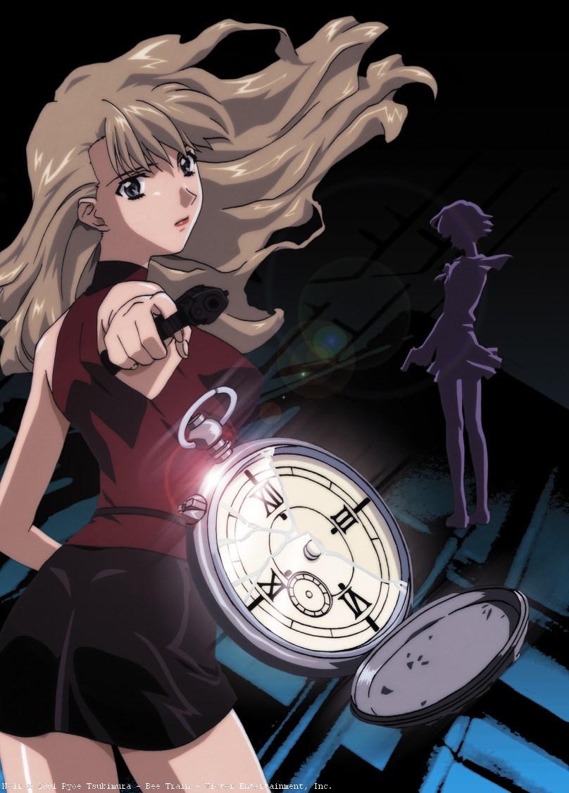 mireille bouquet, yuumura kirika, noir (anime), official art, 00s, 2girls, blonde hair, blue eyes, female focus, gun, handgun, multiple girls, skirt, sleeveless, sleeveless turtleneck, standing, turtleneck, weapon