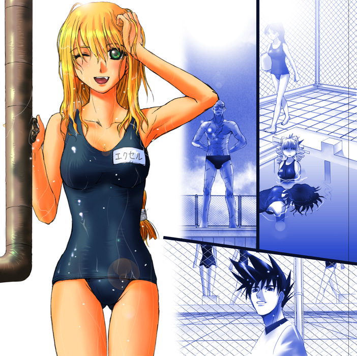 elgala, excel, hyatt, iwata norikuni, matsuya misaki, excel saga, 1990s (style), blonde hair, fang, green eyes, long hair, one-piece swimsuit, one eye closed, open mouth, retro artstyle, school swimsuit, smile, swimsuit, wet, wink