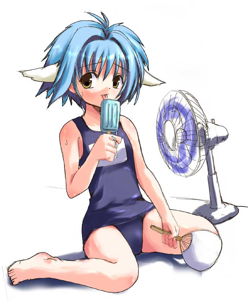 mint blancmanche, galaxy angel, 00s, 1girl, animal ears, barefoot, blue hair, electric fan, female focus, food, hand fan, looking at viewer, popsicle, school swimsuit, short hair, simple background, sitting, solo, swimsuit, tongue, tongue out, wariza, white background, yellow eyes