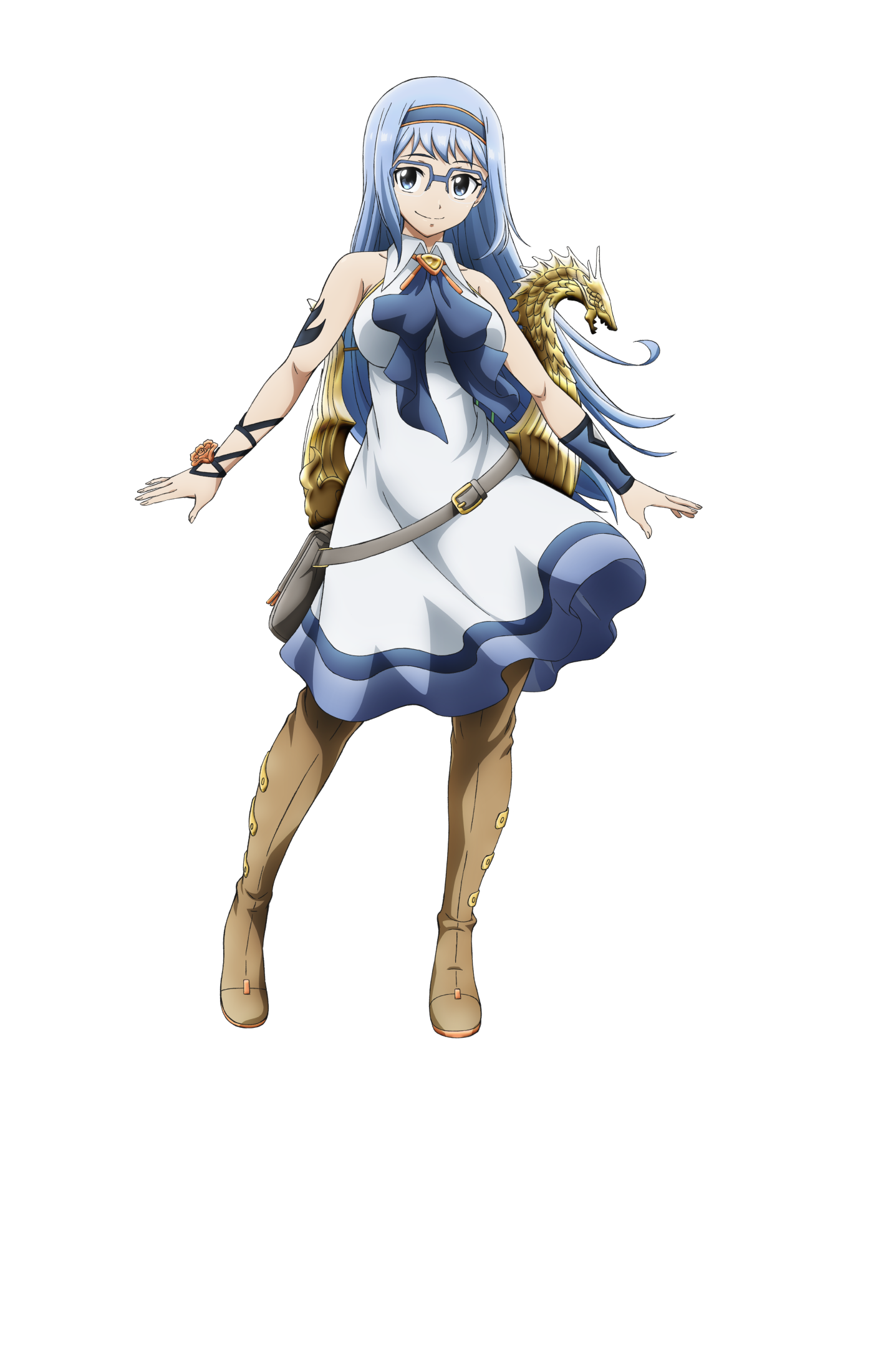 chica (farmagia), farmagia, highres, official art, 1girl, anime coloring, arm garter, bag, blue eyes, blue hair, blue hairband, blue ribbon, boots, breasts, brown boots, closed mouth, collared dress, dress, full body, grey bag, hairband, iizumi toshiomi, instrument, large breasts, long hair, looking at viewer, open hands, outstretched arms, ribbon, shoulder bag, sidelocks, simple background, sleeveless, sleeveless dress, smile, solo, standing, thigh boots, transparent background, very long hair, white dress