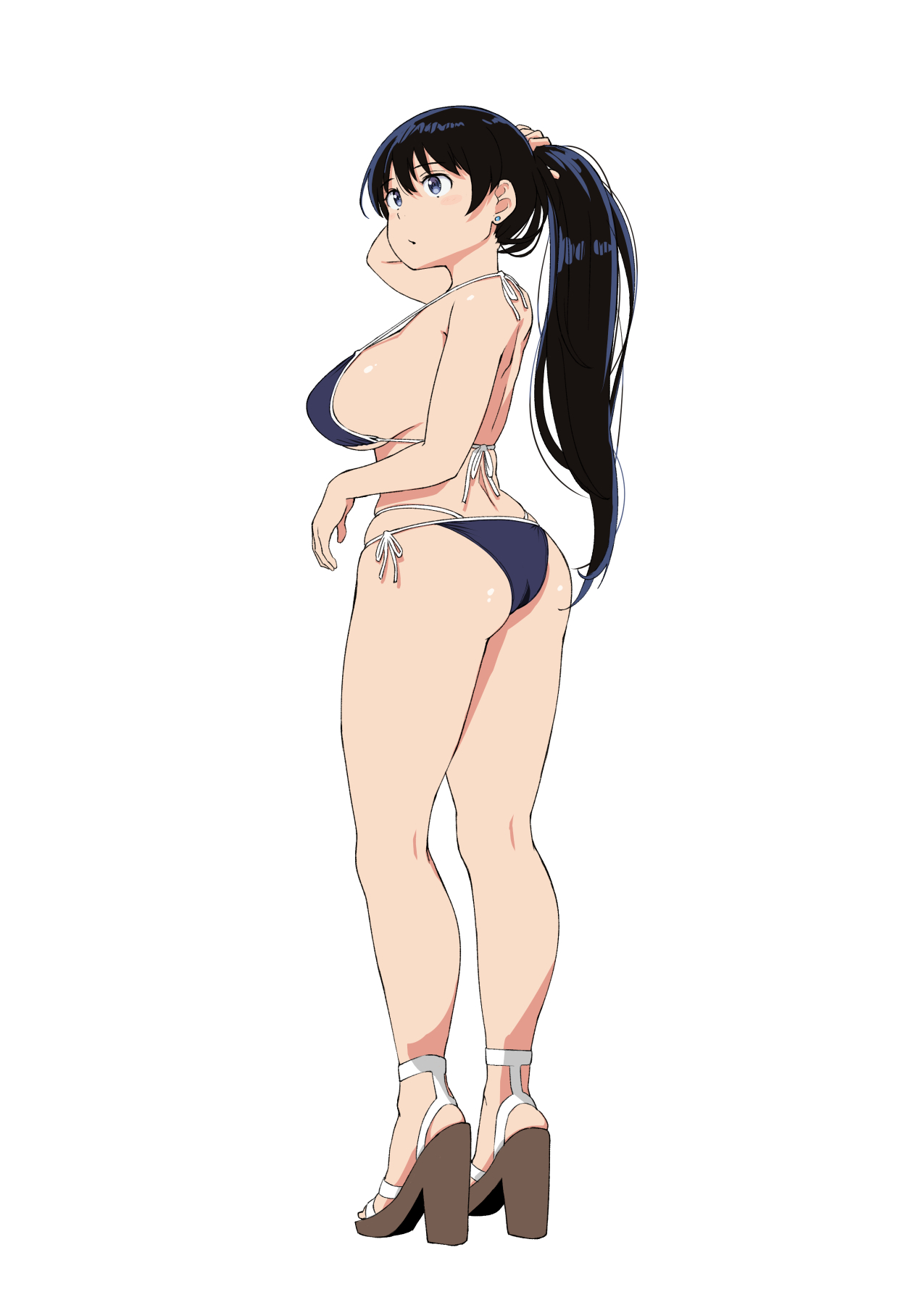 wa (genryusui), arato nagi, ruri no houseki, highres, paid reward available, 1girl, :o, ass, back, bikini, black hair, blue bikini, blue eyes, breasts, earrings, from behind, full body, grabbing own hair, hair lift, halterneck, high heels, holding, holding own hair, jewelry, large breasts, long hair, looking back, multi-strapped bikini bottom, ponytail, shoulder blades, sideboob, simple background, solo, string bikini, swimsuit, thighs, white background