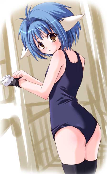 shinshin, mint blancmanche, galaxy angel, 00s, 1girl, animal ears, blue hair, dutch angle, female focus, gloves, indoors, looking at viewer, looking back, one-piece swimsuit, school swimsuit, short hair, solo, swimsuit, thighhighs