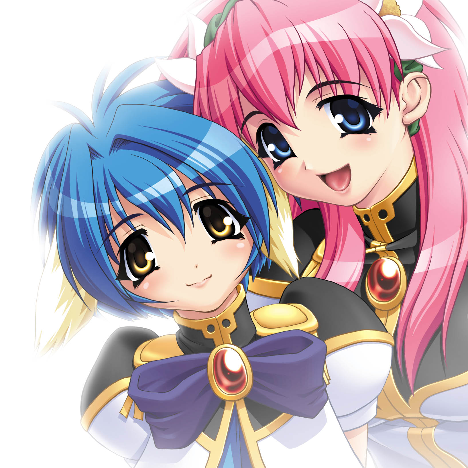 milfeulle sakuraba, mint blancmanche, galaxy angel, highres, 00s, 2girls, animal ears, blue eyes, blue hair, looking at viewer, multiple girls, open mouth, pink hair, short hair, smile, yellow eyes