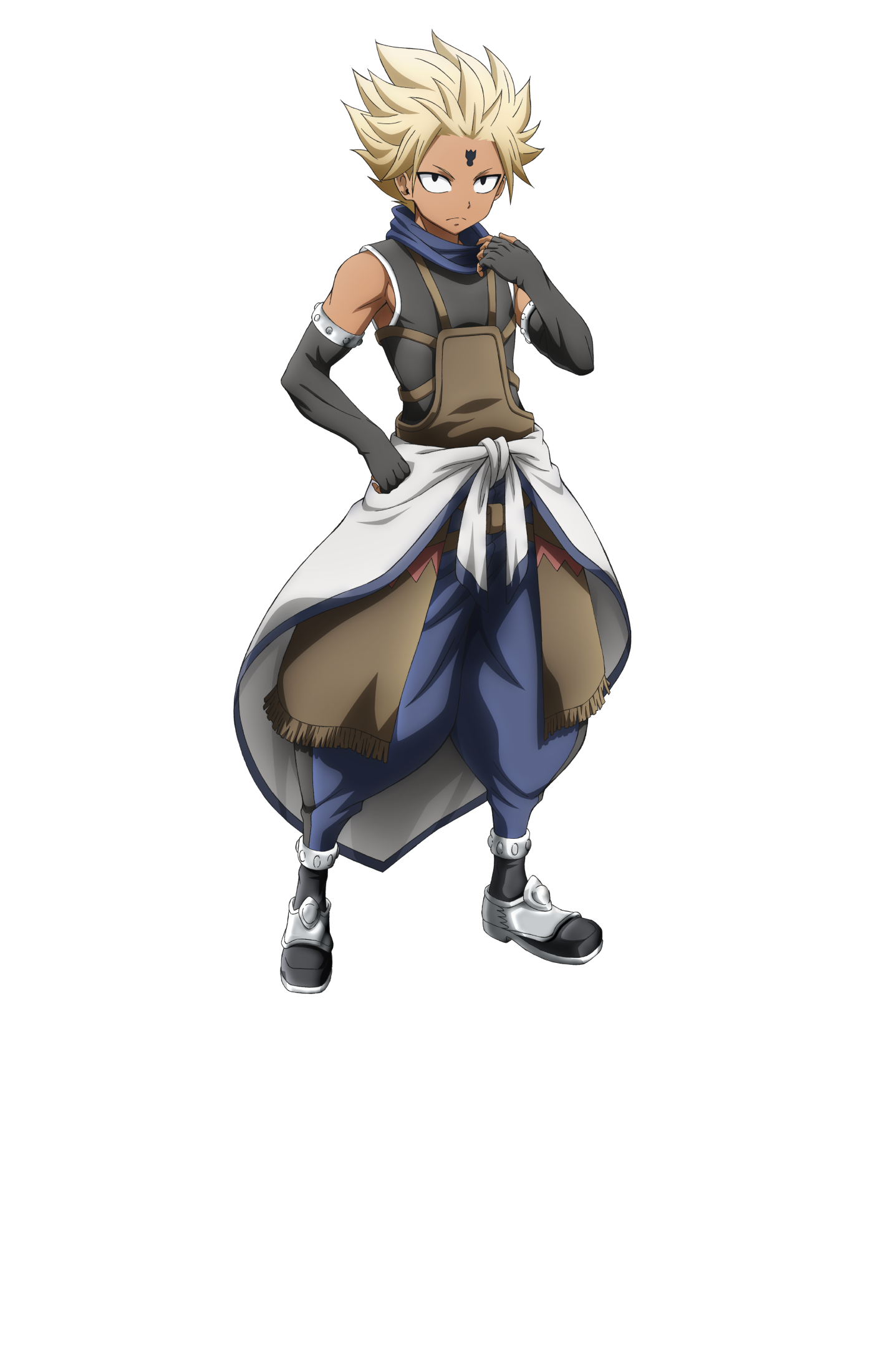 emero (farmagia), farmagia, highres, official art, 1boy, anime coloring, black boots, black gloves, black shirt, blonde hair, blue pants, blue scarf, boots, closed mouth, dark-skinned female, dark skin, detached sleeves, elbow gloves, fingerless gloves, full body, gloves, hair slicked back, iizumi toshiomi, looking at viewer, pants, sash, scarf, shirt, short hair, simple background, sleeveless, sleeveless shirt, solo, spiked hair, standing, transparent background, tsurime, white sash