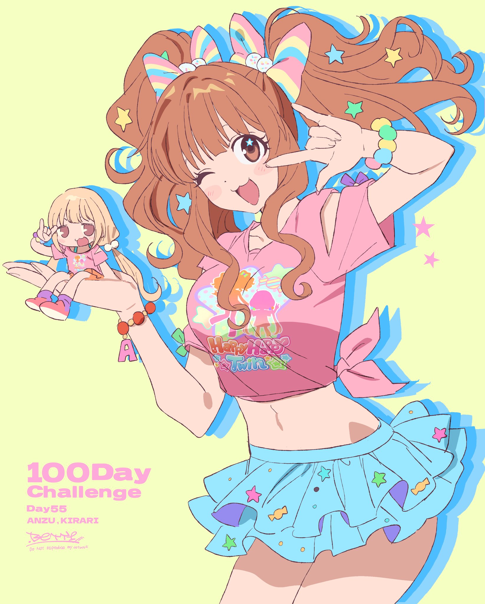 betti (xx betti), futaba anzu, moroboshi kirari, idolmaster, idolmaster cinderella girls, highres, 2girls, ;d, blonde hair, blue skirt, brown eyes, brown hair, chibi, cowboy shot, hair ornament, hand up, looking at viewer, midriff, mini person, minigirl, multiple girls, navel, one eye closed, open mouth, pink shirt, shirt, simple background, sitting, skirt, smile, star (symbol), star hair ornament, twintails, yellow background