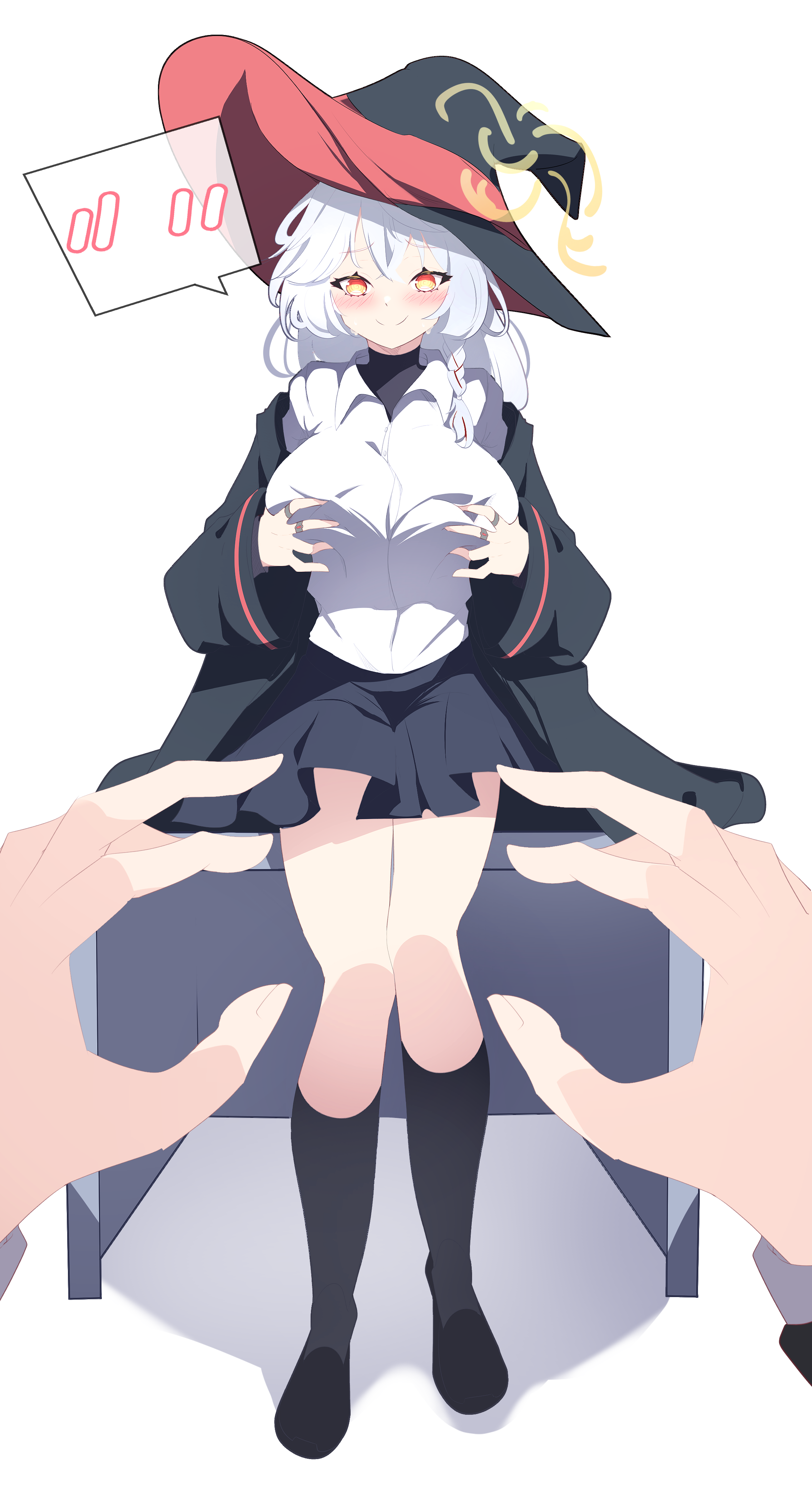 amebrew, eri (blue archive), blue archive, ankle socks, bow, bowtie, braid, breasts, grabbing own breast, halo, hat, jacket, jewelry, long coat, long hair, orange eyes, ring, shirt, shoes, sitting, sitting on table, skirt, socks, speech bubble, sweater, table, white hair, witch hat