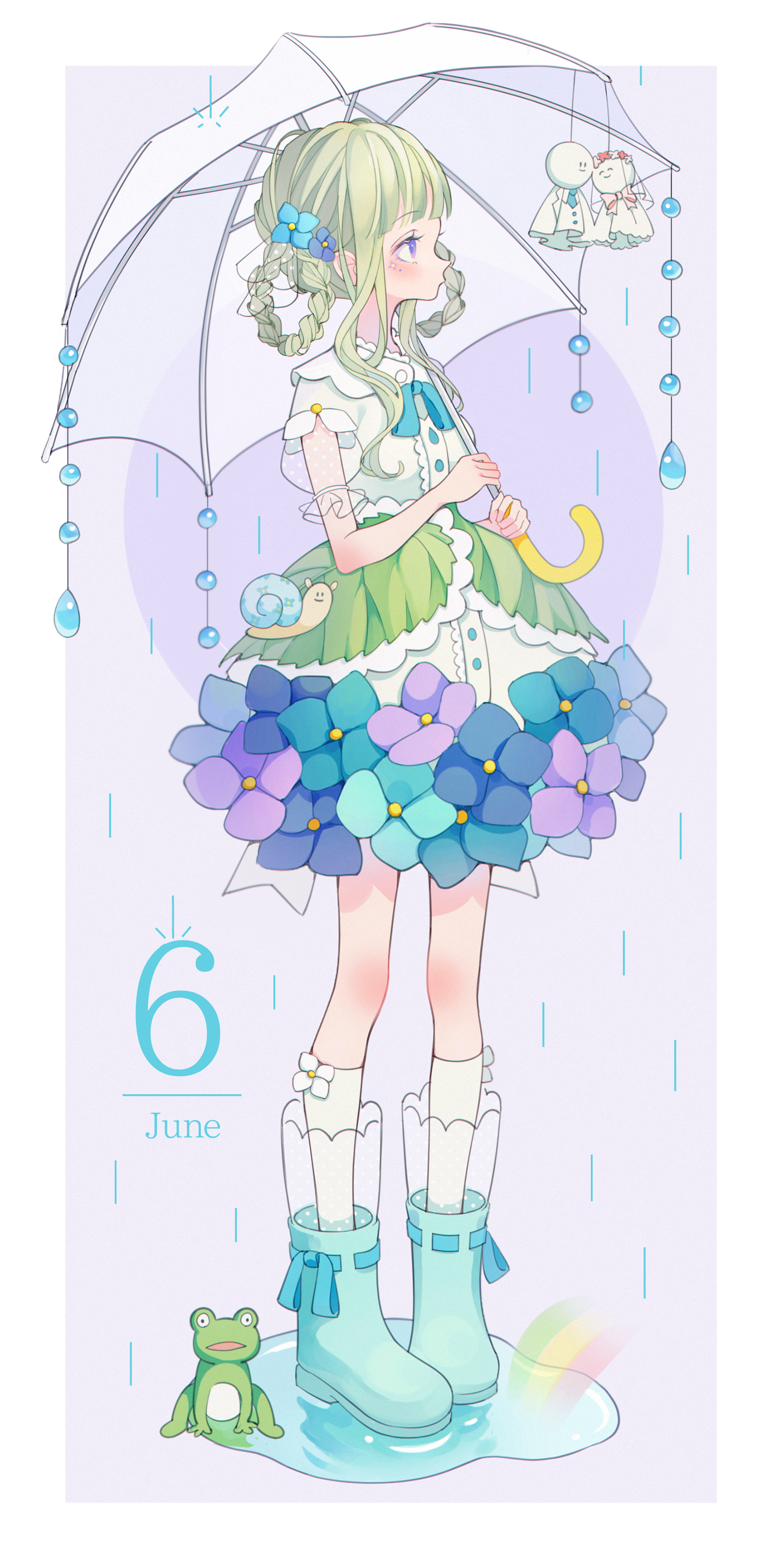 shiraho (color-56), original, absurdres, commentary request, highres, 1girl, blue boots, blue flower, blue ribbon, boots, braid, braided hair rings, bridal veil, calendar (medium), floral dress, flower, flower skirt, frilled sleeves, frills, frog, full body, green hair, grey background, hair flower, hair ornament, hair rings, holding, holding umbrella, hydrangea, june, neck ribbon, overskirt, puddle, purple eyes, purple flower, rain, rainbow, ribbon, ribbon-trimmed footwear, rubber boots, see-through clothes, see-through sleeves, short sleeves, sidelocks, skirt, snail, socks, solo, teruterubouzu, twin braids, umbrella, veil, water drop, white socks, white umbrella