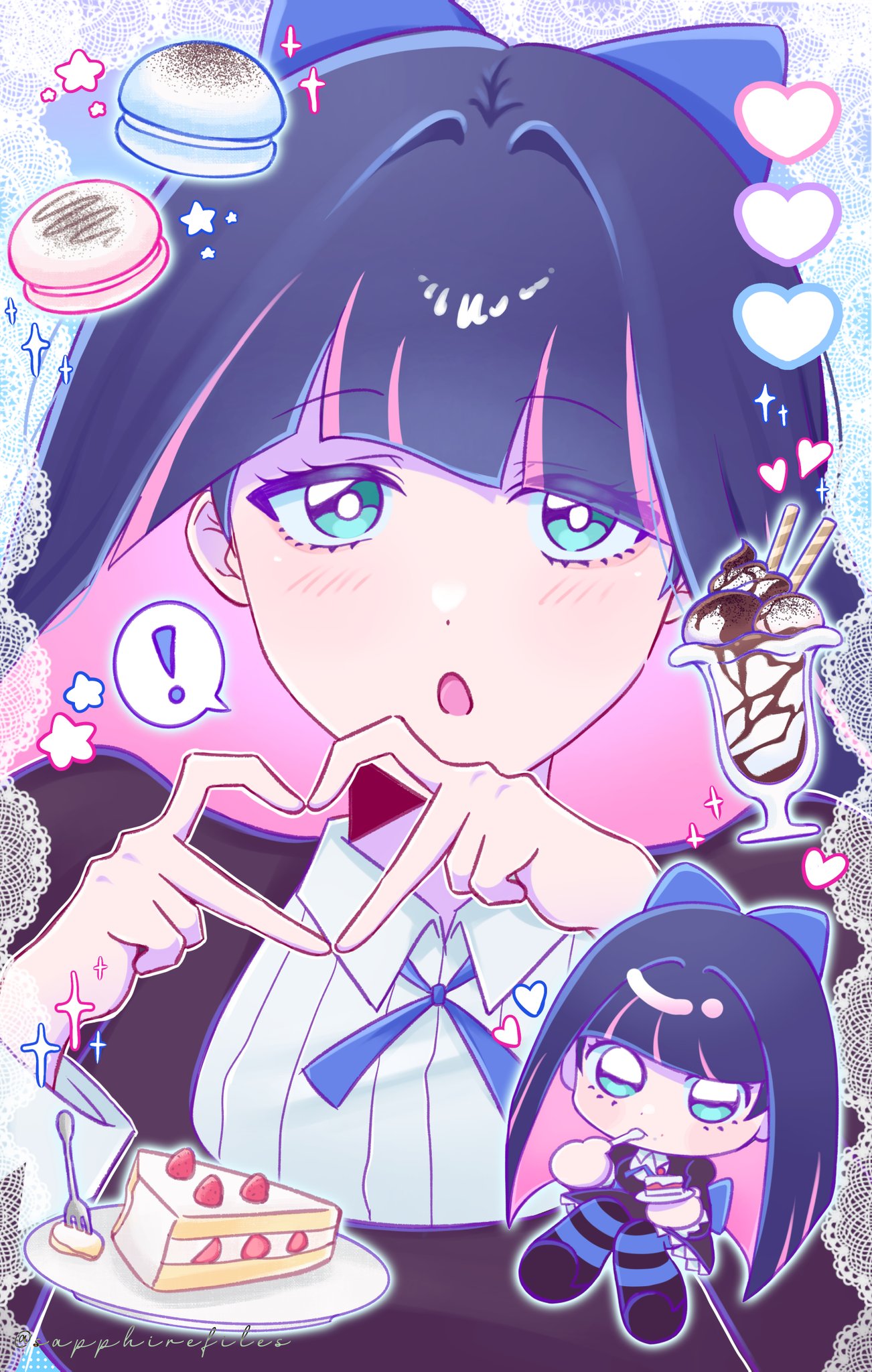 stocking (psg), panty & stocking with garterbelt, highres, !, 1girl, blue hair, blunt bangs, cake, chibi, eating, food, green eyes, heart, heart hands, ice cream, long hair, looking at viewer, multicolored hair, pink hair, plate, sapphirefiles, solo, striped hair, sundae, two-tone hair