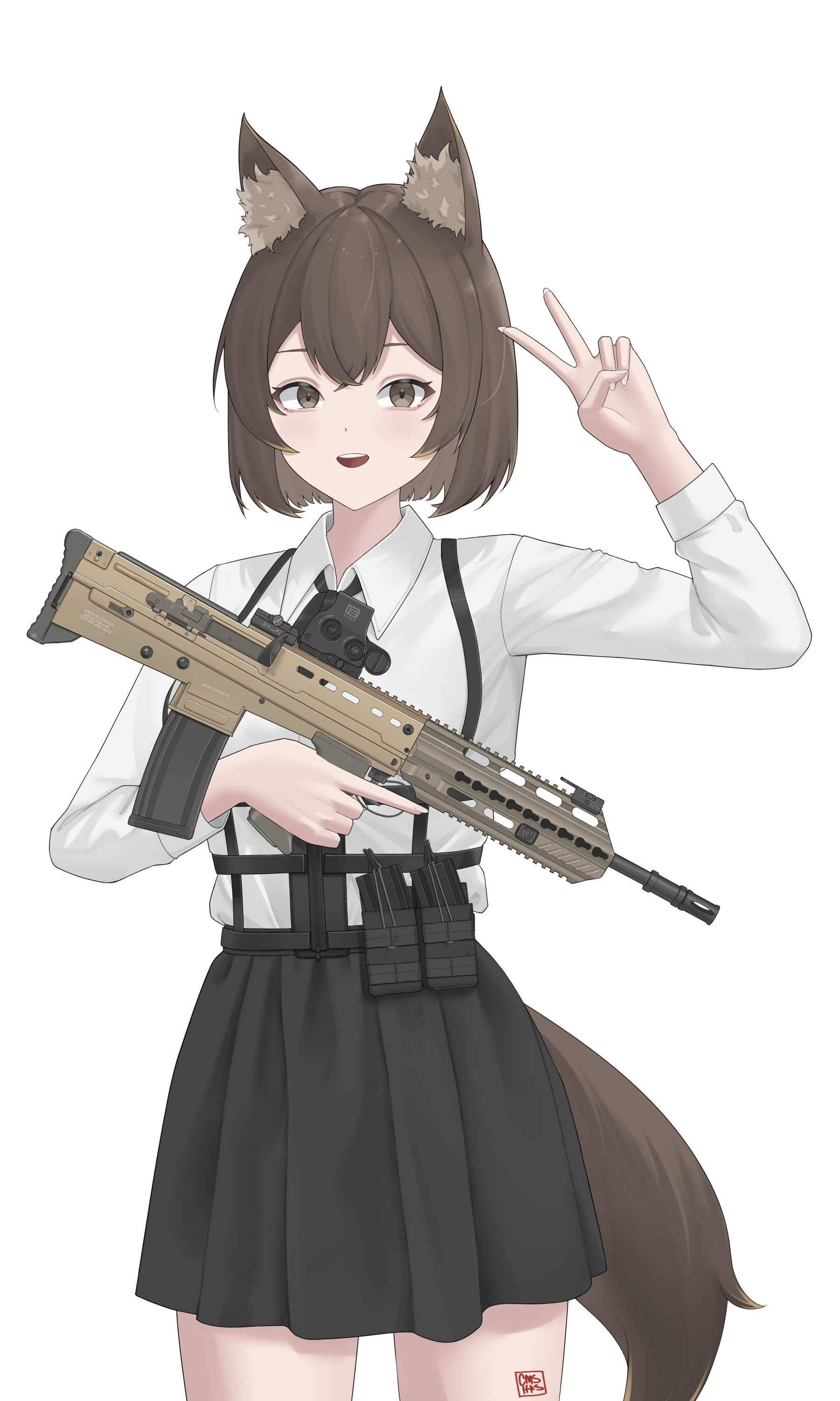 iitkass, original, absurdres, commentary, commission, english commentary, highres, 1girl, ammunition pouch, animal-themed food, animal ears, assault rifle, black necktie, black skirt, blush, breasts, brown eyes, brown hair, brown tail, bullpup, collared shirt, cowboy shot, crossed bangs, eotech, fingernails, fox ears, fox girl, fox tail, gun, hair between eyes, hand up, holding, holding gun, holding weapon, l85, load bearing equipment, looking at viewer, magazine (weapon), muzzle device, necktie, optical sight, pantyhose, pleated skirt, pouch, rifle, shirt, short hair, sidelocks, signature, simple background, skirt, smile, solo, suspenders, tail, trigger discipline, v, weapon, white background, white pantyhose, white shirt