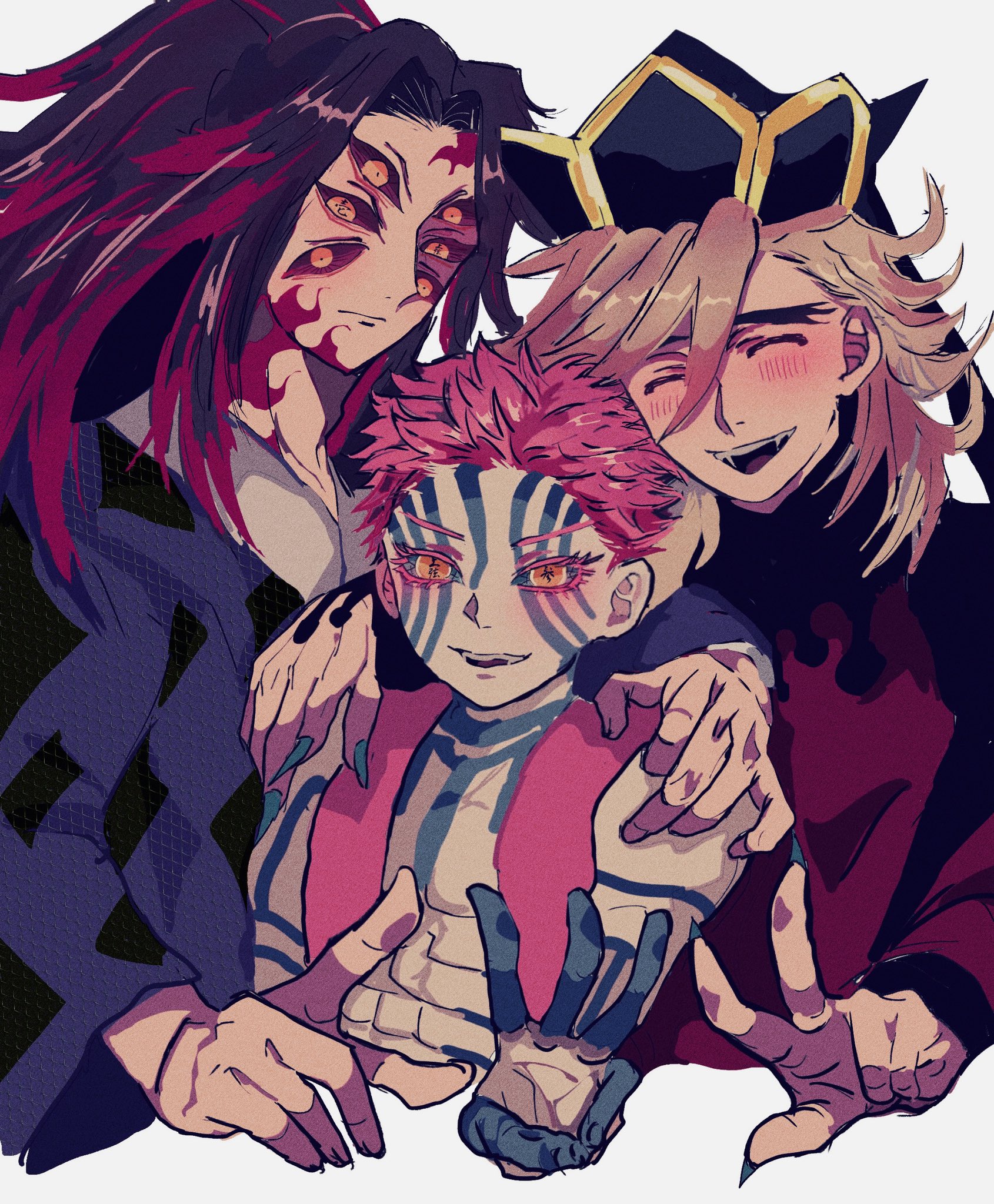 ma e zo, akaza (kimetsu no yaiba), douma (kimetsu no yaiba), kokushibou, kimetsu no yaiba, highres, translation request, 3boys, black hair, blonde hair, blue sclera, blue tattoo, blush, closed eyes, colored sclera, extra eyes, japanese clothes, kimono, long hair, looking at viewer, male focus, multiple boys, open mouth, pale skin, pink hair, purple kimono, red sclera, red shirt, shirt, short hair, simple background, smile, speech bubble, upper body, white background, yellow eyes