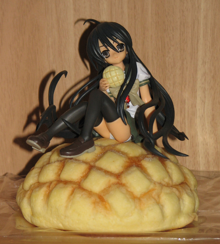 shakugan no shana, photo (medium), 00s, 1girl, bread, brown eyes, brown hair, figure, food, holding, holding food, melon bread, panties, school uniform, serafuku, thighhighs, underwear