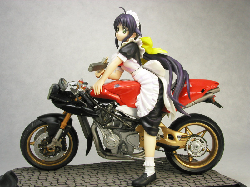 andou mahoro, mahoromatic, vehicle, photo (medium), blue hair, figure, green eyes, gun, maid, motor vehicle, motorcycle, weapon