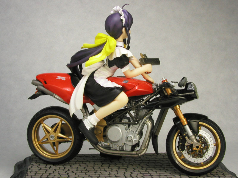 andou mahoro, mahoromatic, vehicle, photo (medium), blue hair, figure, gun, maid, motor vehicle, motorcycle, weapon